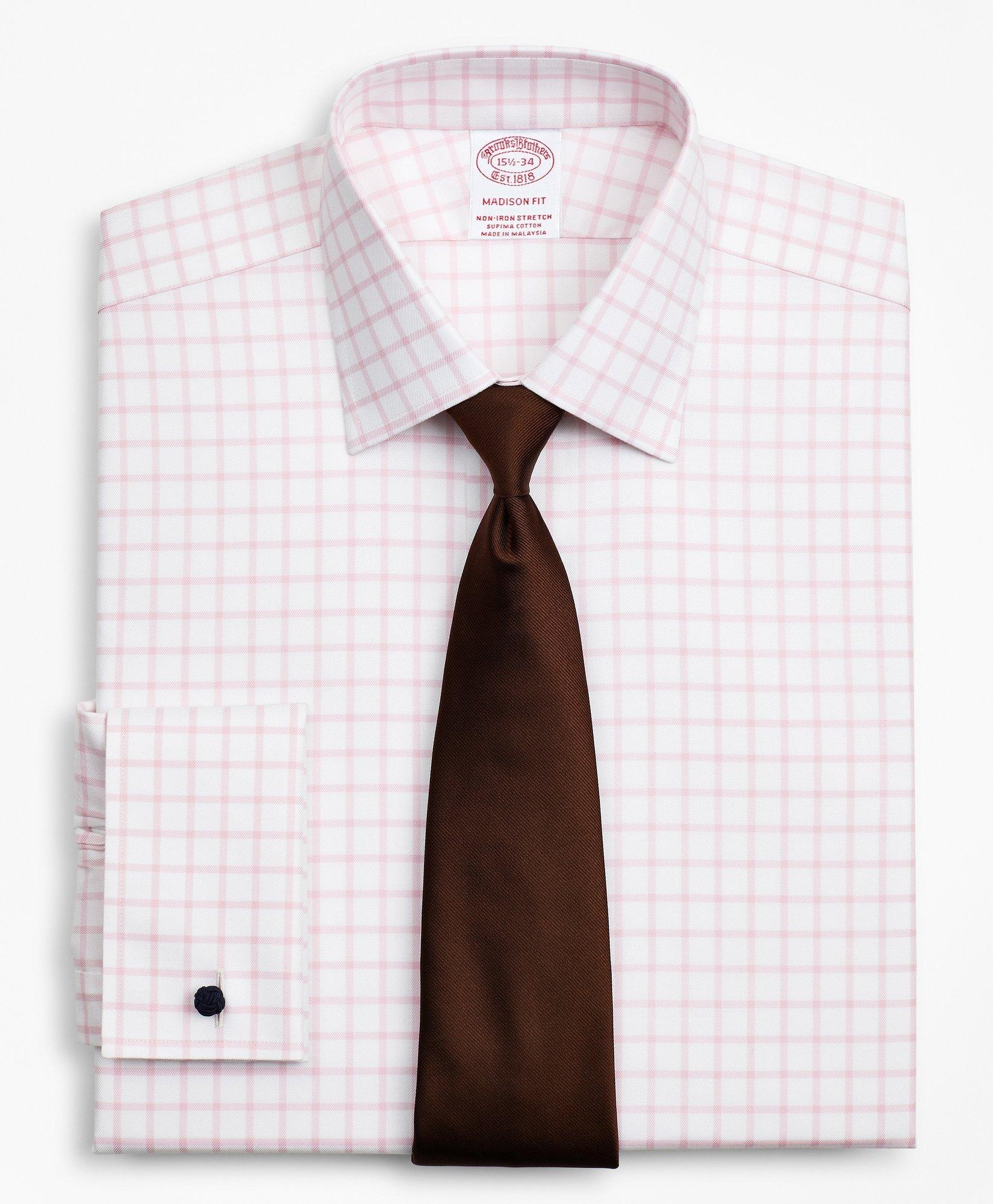 Brooks Brothers Stretch Madison Relaxed-fit Dress Shirt, Non-iron Twill Ainsley Collar French Cuff Grid Check | Pink