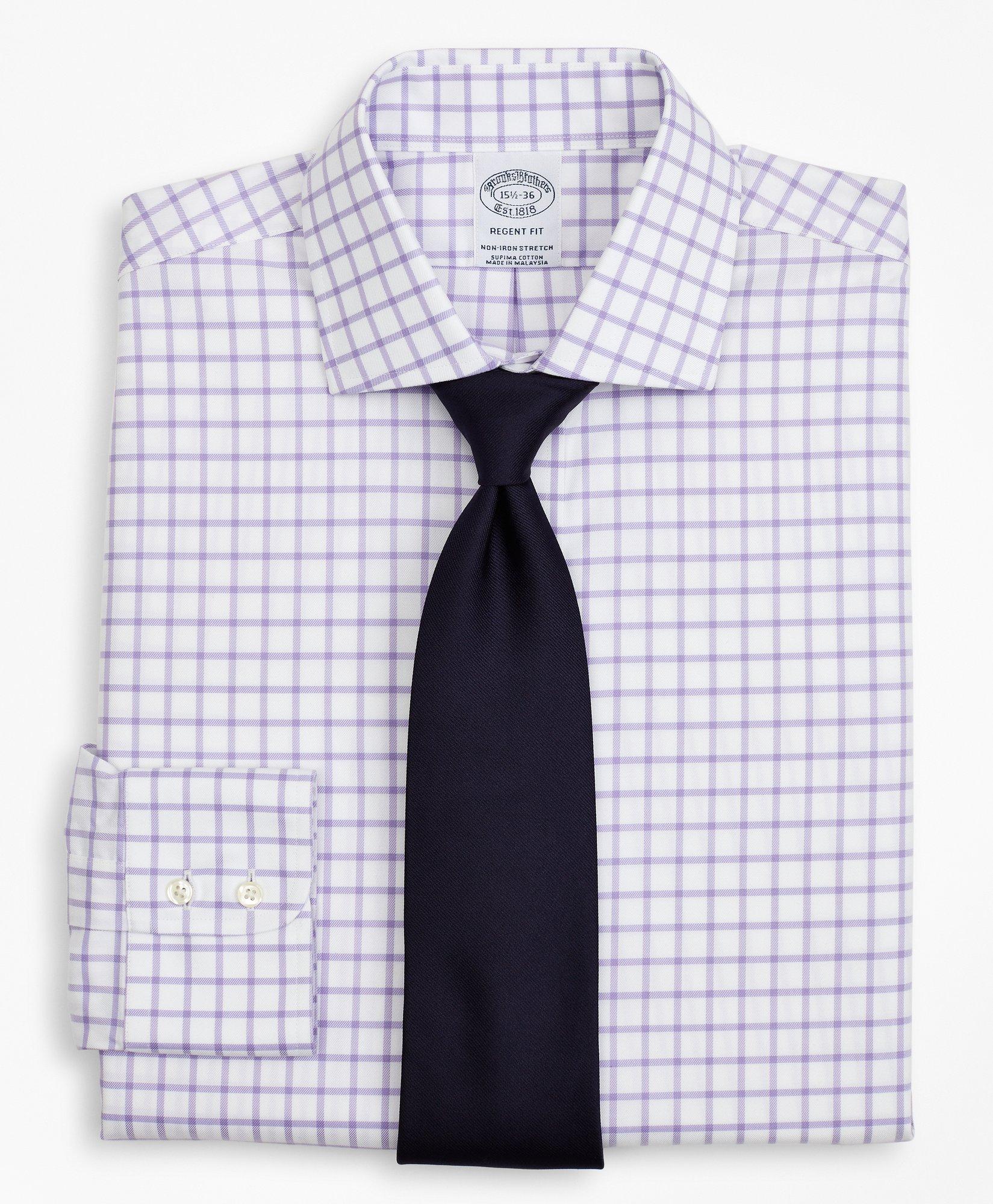 Brooks Brothers Stretch Regent Regular-fit Dress Shirt, Non-iron Twill English Collar Grid Check | Lavender | Size 1