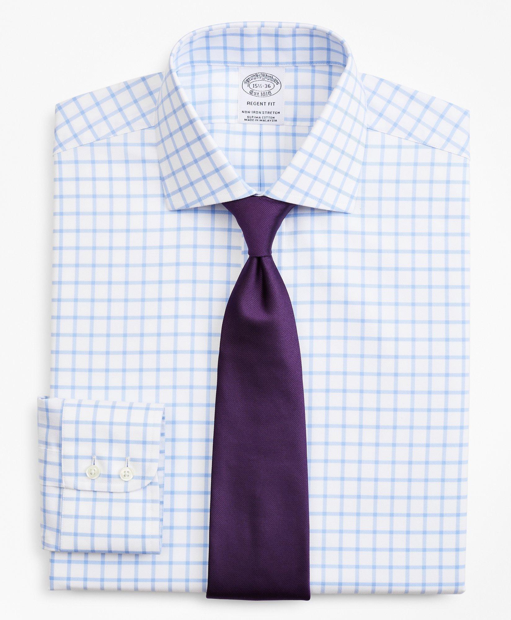 Brooks Brothers Stretch Regent Regular-fit Dress Shirt, Non-iron Twill English Collar Grid Check | Light Blue | Size