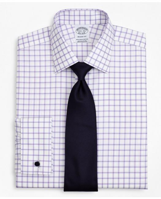 Brooks Brothers Stretch Regent Regular-fit Dress Shirt, Non-iron Twill Ainsley Collar French Cuff Grid Check | Laven In Lavender