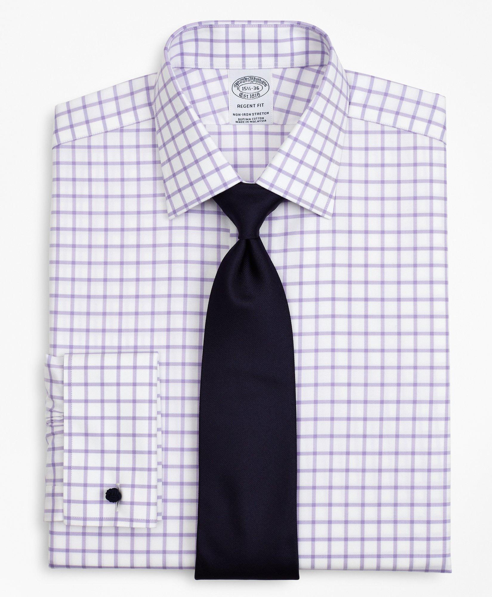 Brooks Brothers Stretch Regent Regular-fit Dress Shirt, Non-iron Twill Ainsley Collar French Cuff Grid Check | Laven In Lavender