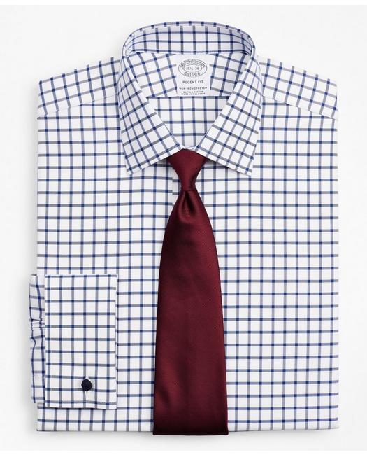 Brooks Brothers Stretch Regent Regular-fit Dress Shirt, Non-iron Twill Ainsley Collar French Cuff Grid Check | Navy