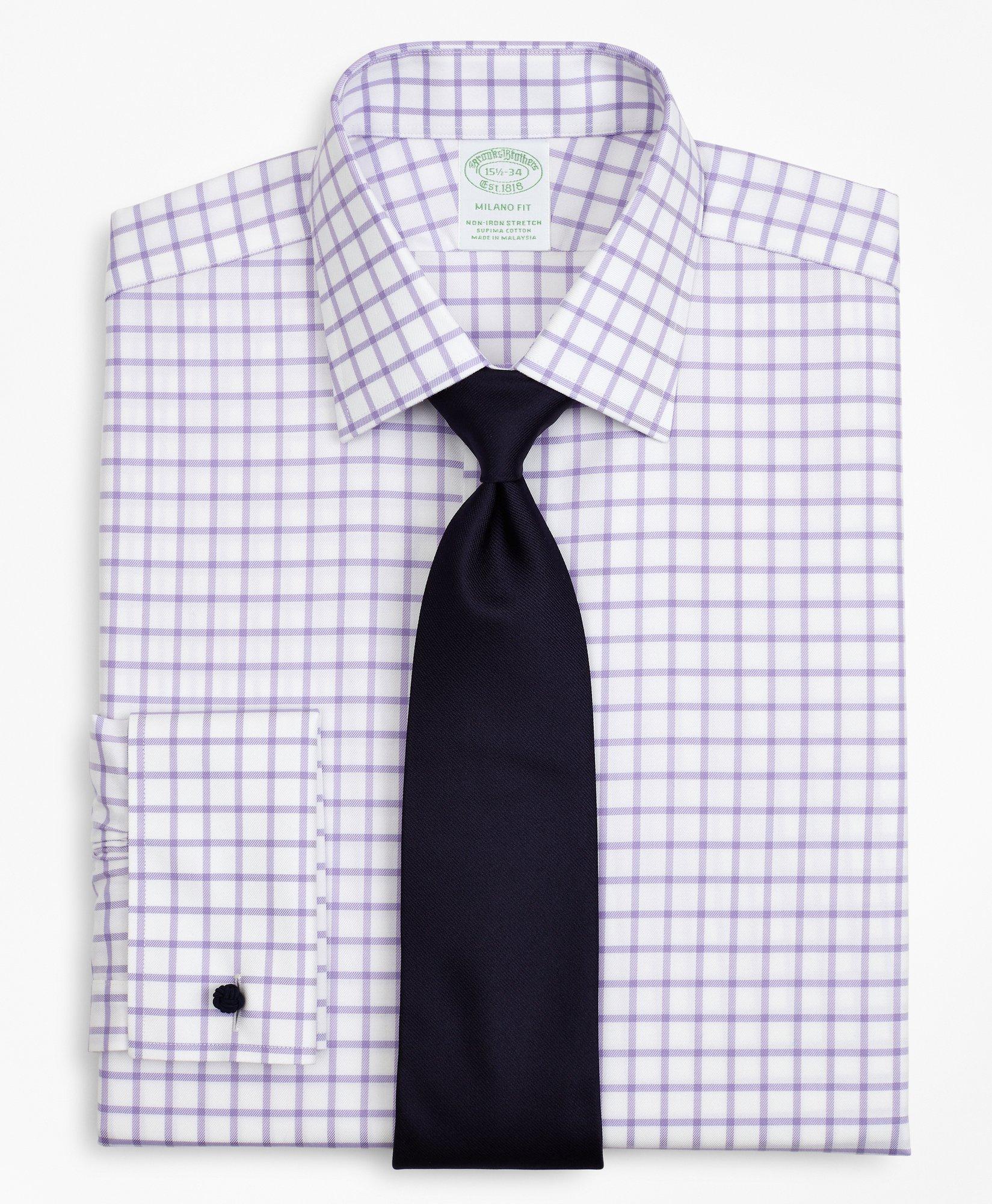 Brooks Brothers Stretch Milano Slim-fit Dress Shirt, Non-iron Twill Ainsley Collar French Cuff Grid Check | Lavender