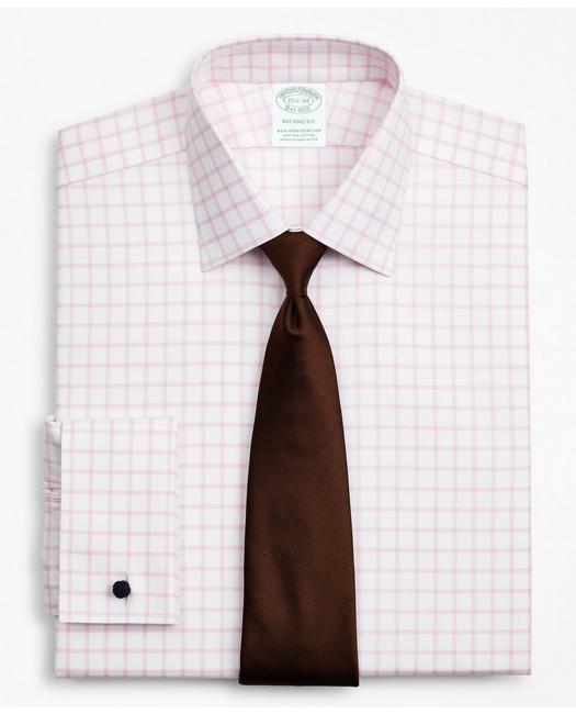 Brooks Brothers Stretch Milano Slim-fit Dress Shirt, Non-iron Twill Ainsley Collar French Cuff Grid Check | Pink | S