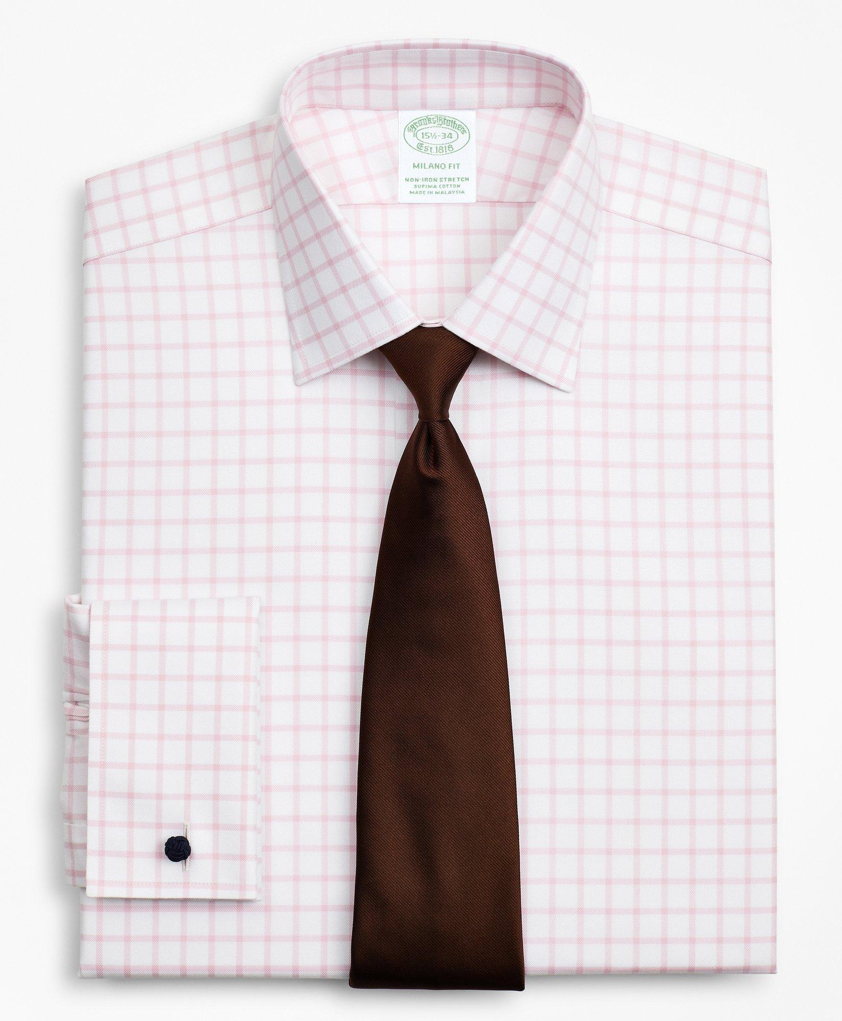 Brooks Brothers Stretch Milano Slim-fit Dress Shirt, Non-iron Twill Ainsley Collar French Cuff Grid Check | Pink | S