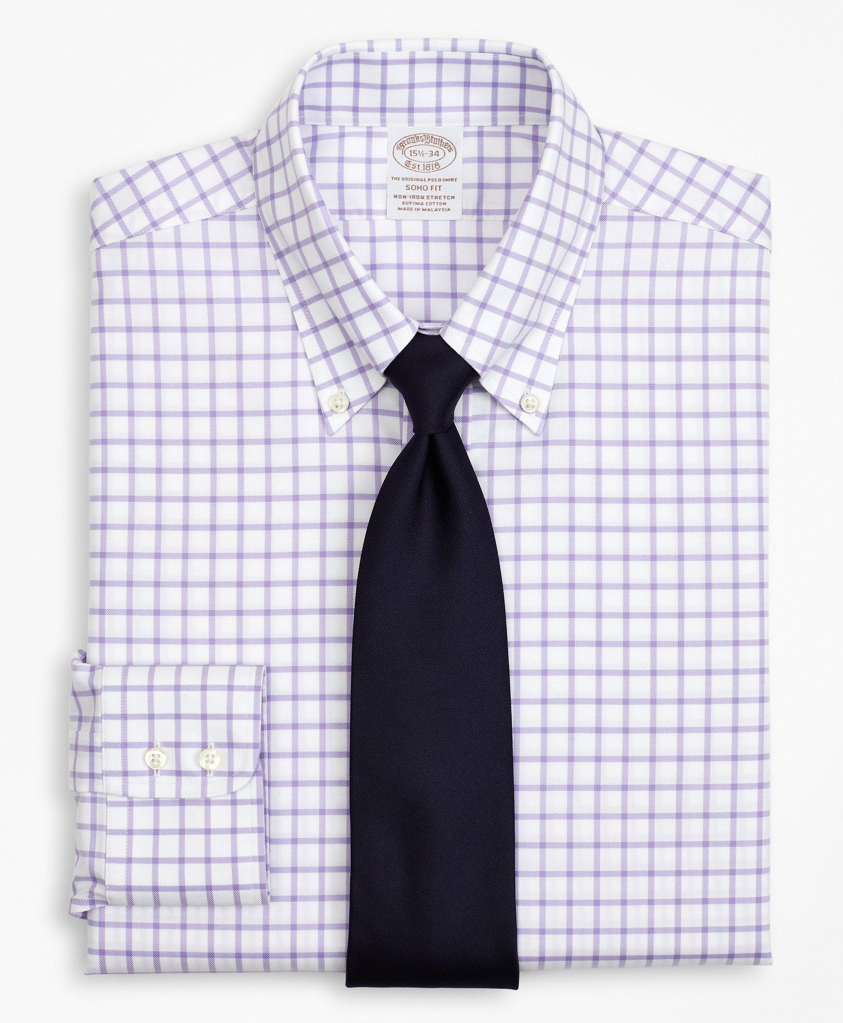 Brooks Brothers Stretch Soho Extra-slim-fit Dress Shirt, Non-iron Twill Button-down Collar Grid Check | Lavender | S