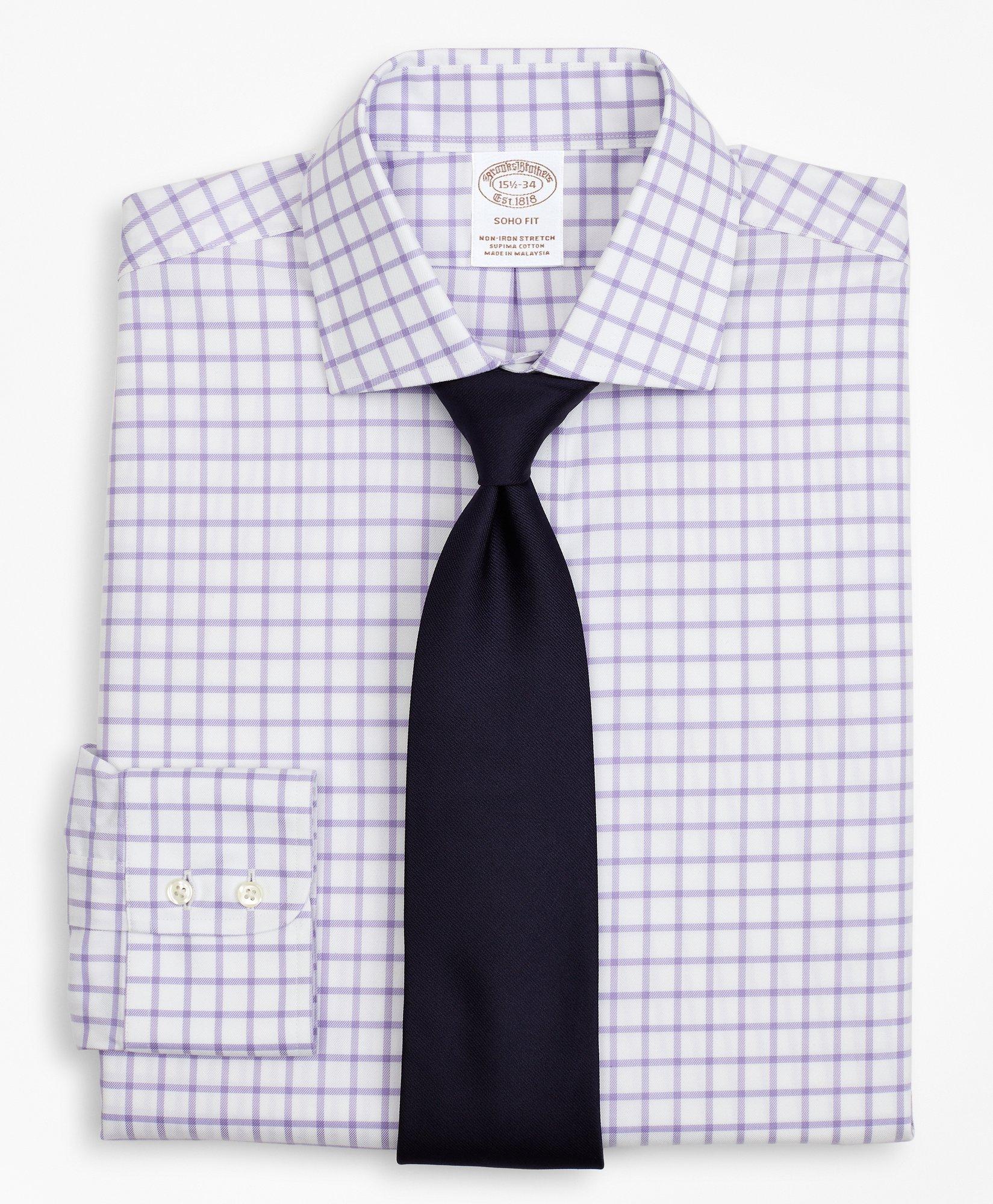 Brooks Brothers Stretch Soho Extra-slim-fit Dress Shirt, Non-iron Twill English Collar Grid Check | Lavender | Size