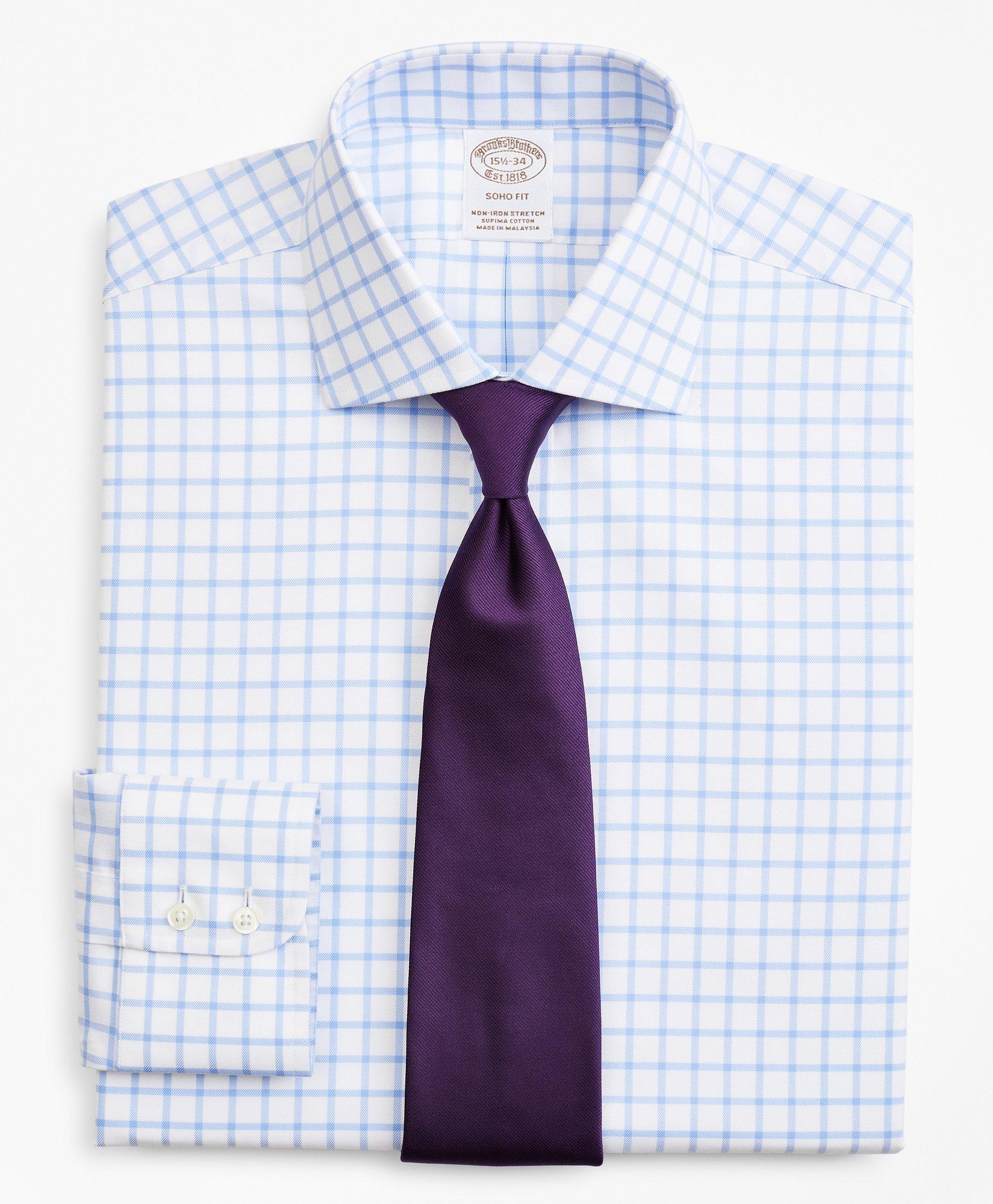 Brooks Brothers Stretch Soho Extra-slim-fit Dress Shirt, Non-iron Twill English Collar Grid Check | Light Blue | Siz