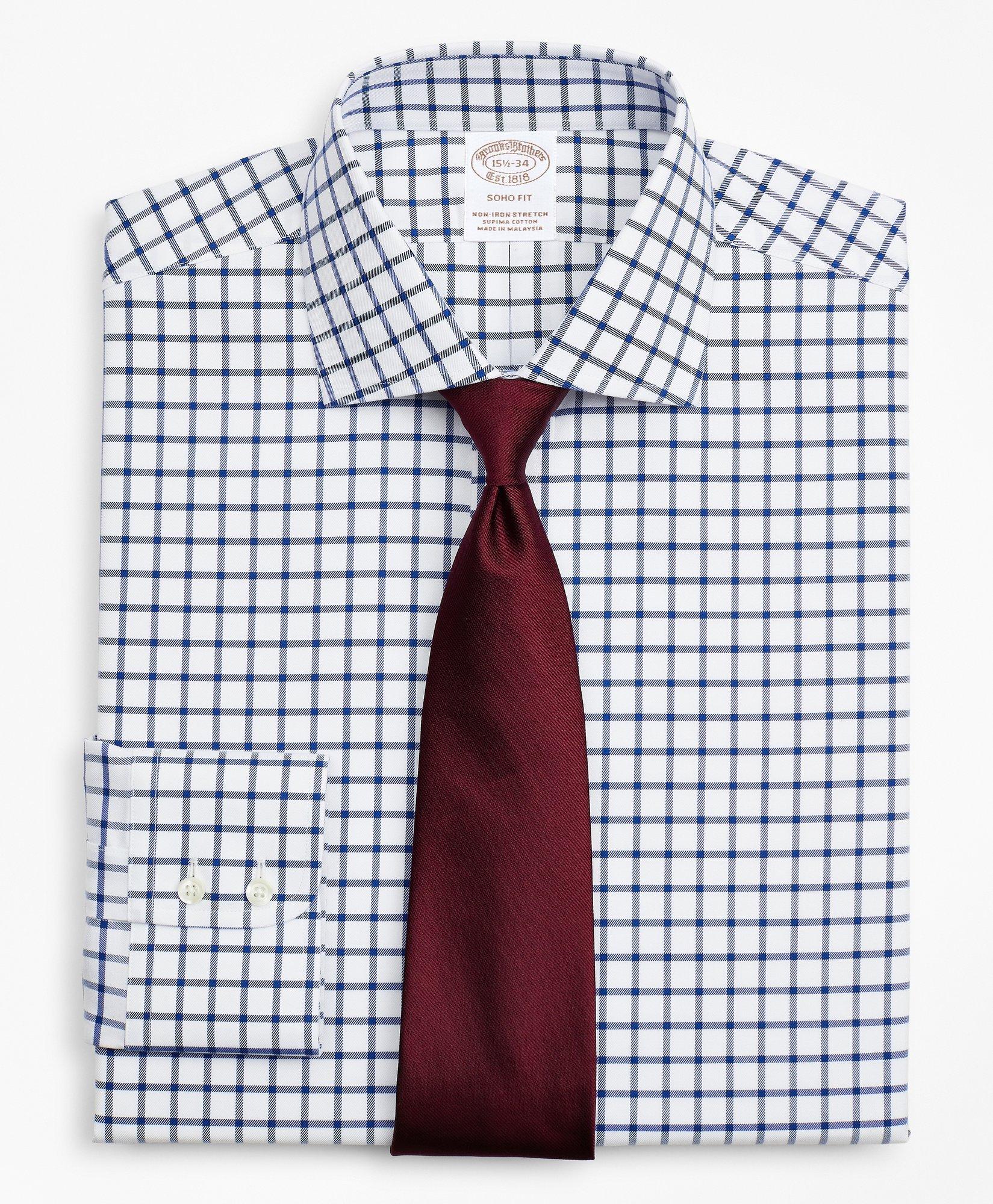 Brooks Brothers Stretch Soho Extra-slim-fit Dress Shirt, Non-iron Twill English Collar Grid Check | Navy | Size 16½