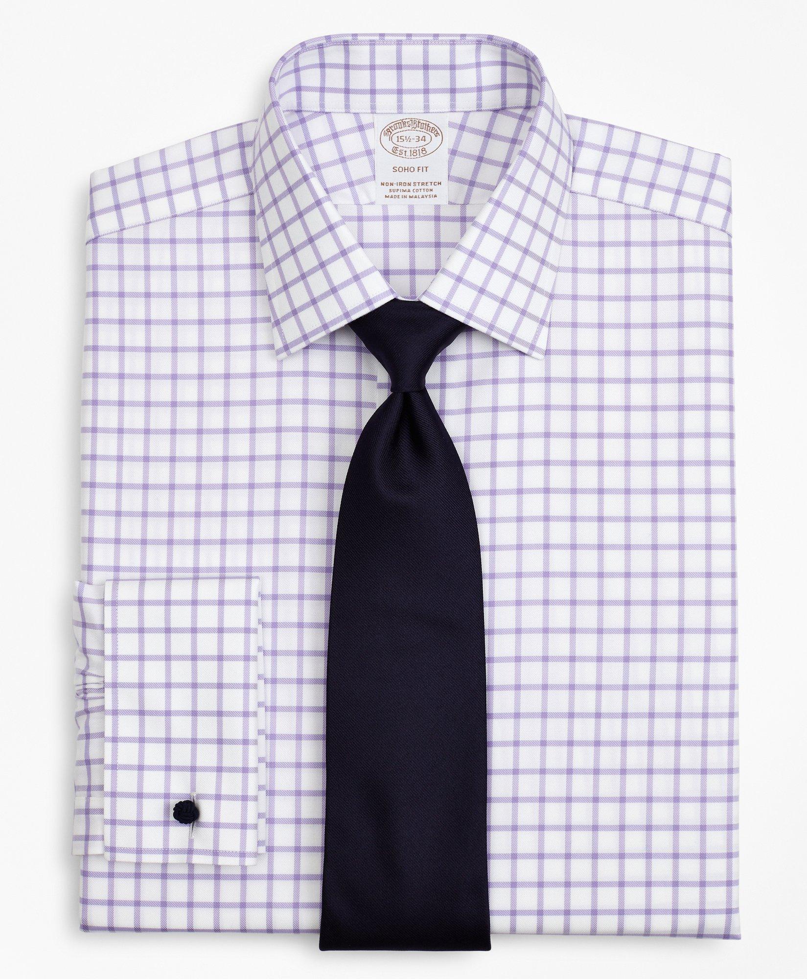 Brooks Brothers Stretch Soho Extra-slim-fit Dress Shirt, Non-iron Twill Ainsley Collar French Cuff Grid Check | Lave In Lavender