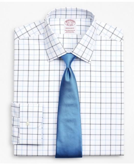 Brooks Brothers Stretch Madison Relaxed-fit Dress Shirt, Non-iron Poplin Ainsley Collar Double-grid Check | Blue | S