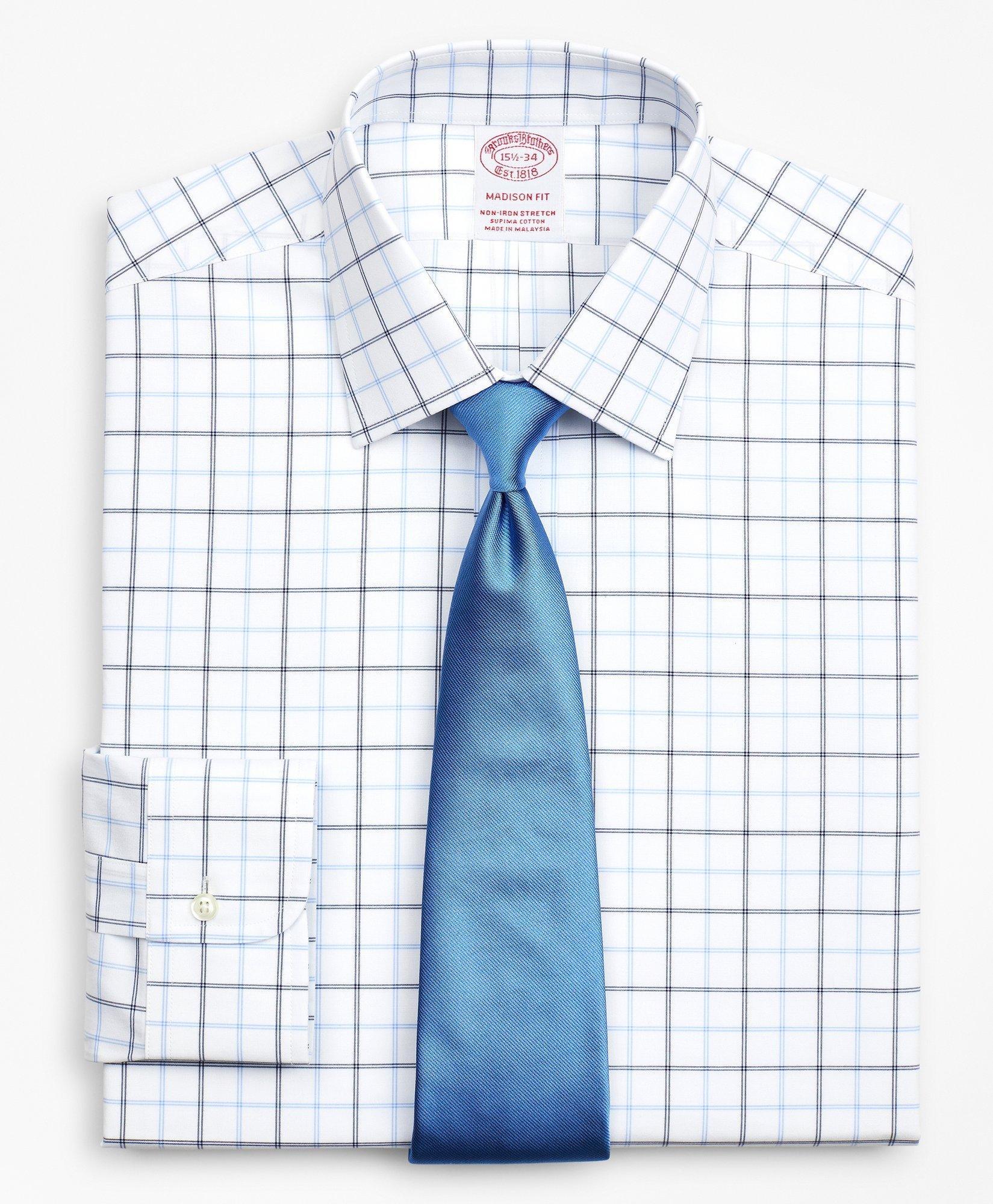 Brooks Brothers Stretch Madison Relaxed-fit Dress Shirt, Non-iron Poplin Ainsley Collar Double-grid Check | Blue | S