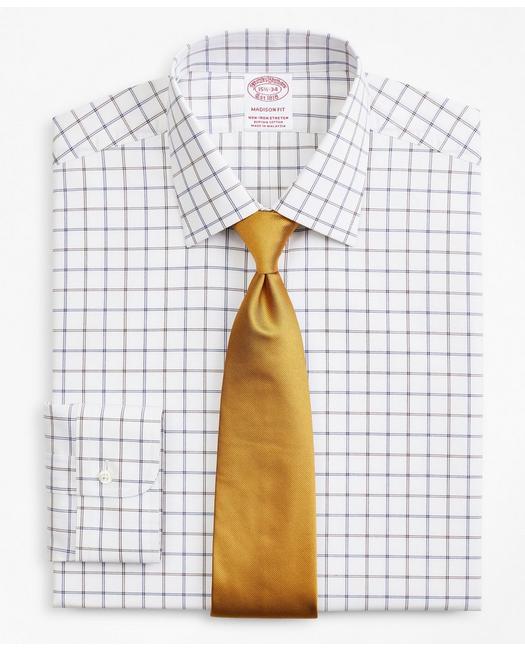 Brooks Brothers Stretch Madison Relaxed-fit Dress Shirt, Non-iron Poplin Ainsley Collar Double-grid Check | Brown |