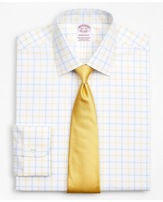 Brooks Brothers Stretch Madison Relaxed-fit Dress Shirt, Non-iron Poplin Ainsley Collar Double-grid Check | Yellow |
