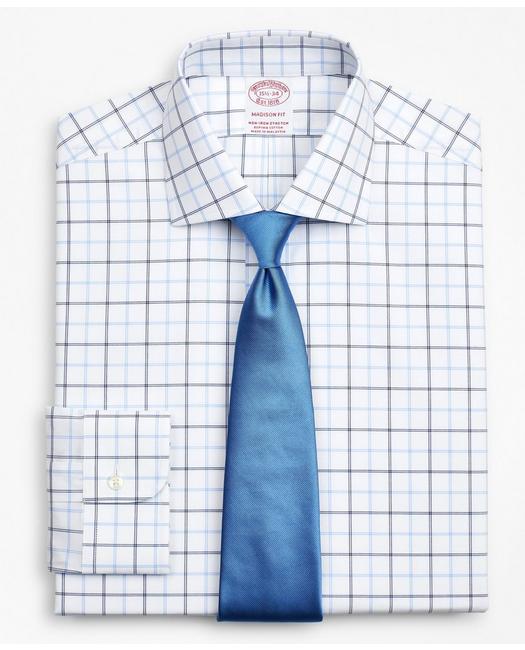 Brooks Brothers Stretch Madison Relaxed-fit Dress Shirt, Non-iron Poplin English Collar Double-grid Check | Blue | S