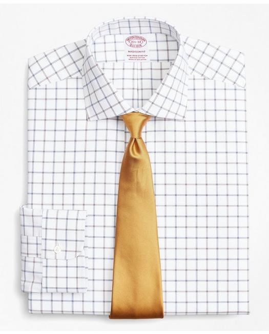 Brooks Brothers Stretch Madison Relaxed-fit Dress Shirt, Non-iron Poplin English Collar Double-grid Check | Brown |