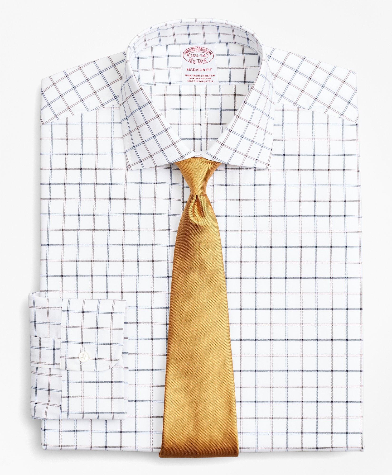Brooks Brothers Stretch Madison Relaxed-fit Dress Shirt, Non-iron Poplin English Collar Double-grid Check | Brown |