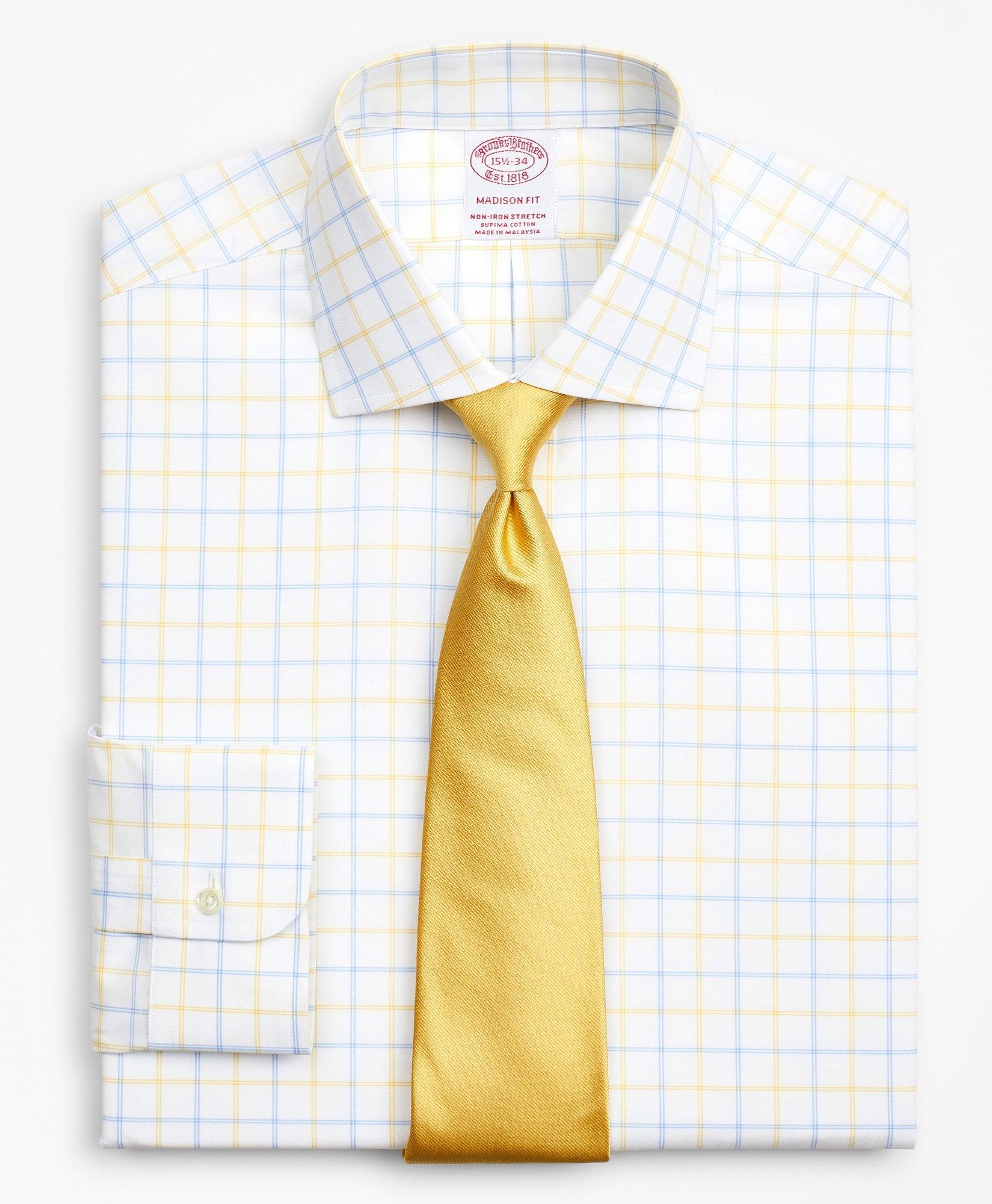 Brooks Brothers Stretch Madison Relaxed-fit Dress Shirt, Non-iron Poplin English Collar Double-grid Check | Yellow |