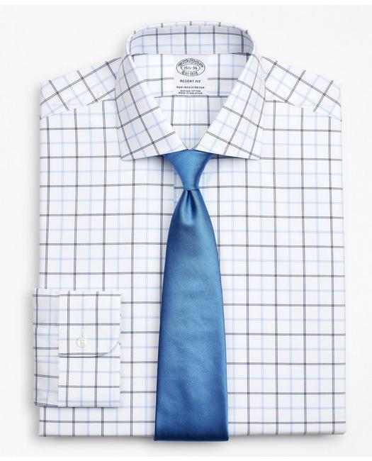 Brooks Brothers Stretch Regent Regular-fit Dress Shirt, Non-iron Poplin English Collar Double-grid Check | Blue | Si
