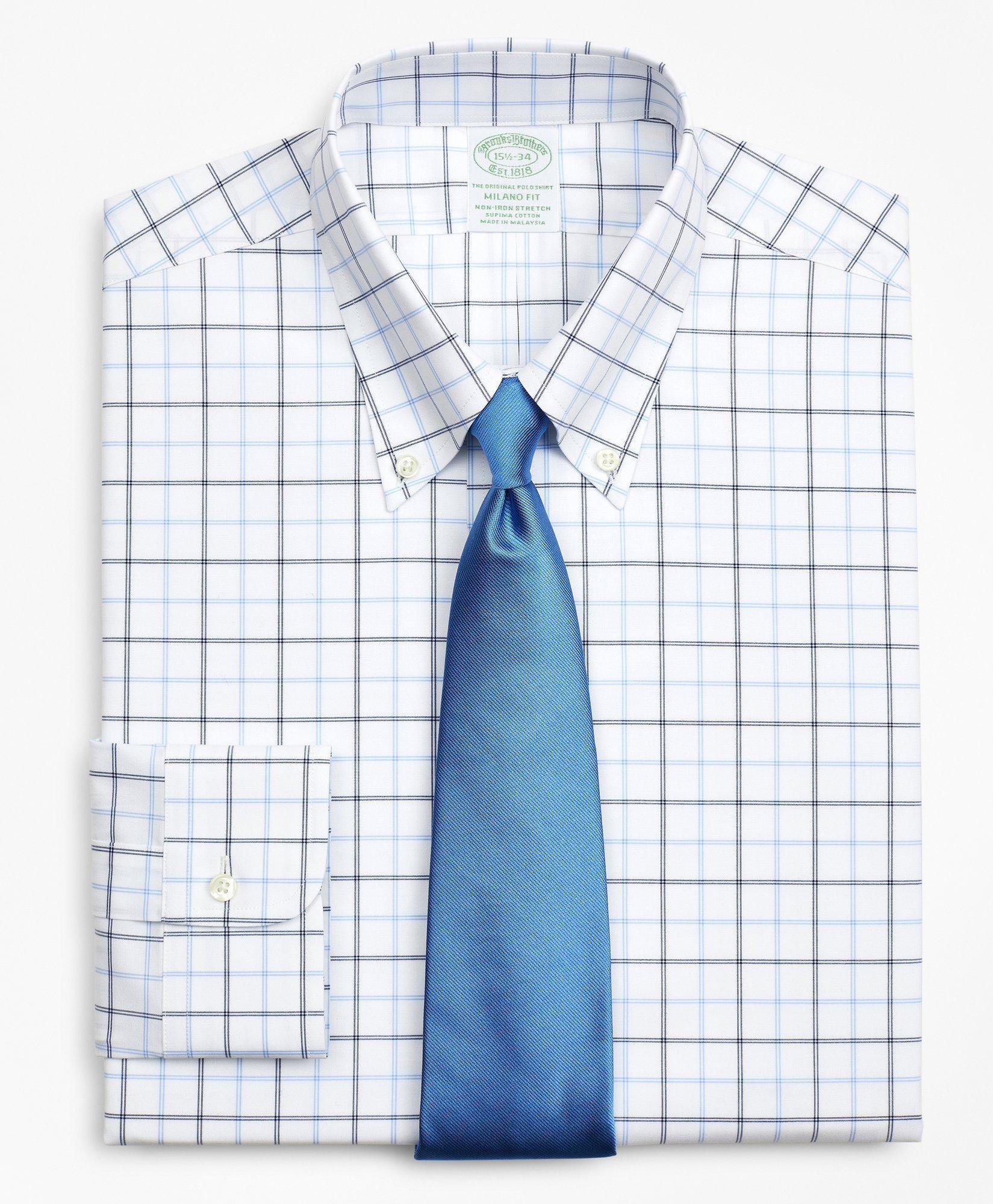 Brooks Brothers Stretch Milano Slim-fit Dress Shirt, Non-iron Poplin Button-down Collar Double-grid Check | Blue | S