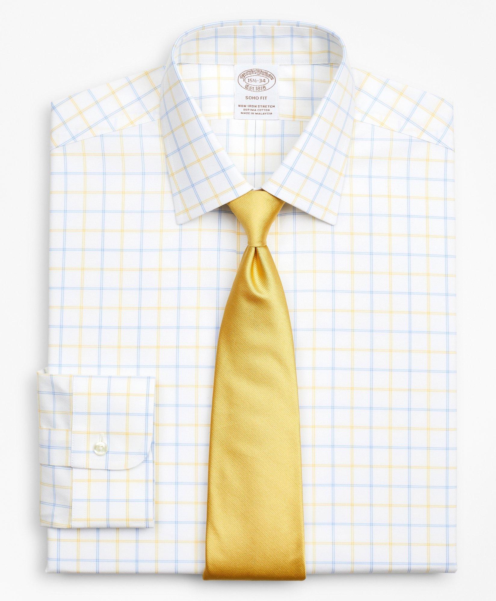Brooks Brothers Stretch Soho Extra-slim-fit Dress Shirt, Non-iron Poplin Ainsley Collar Double-grid Check | Yellow |