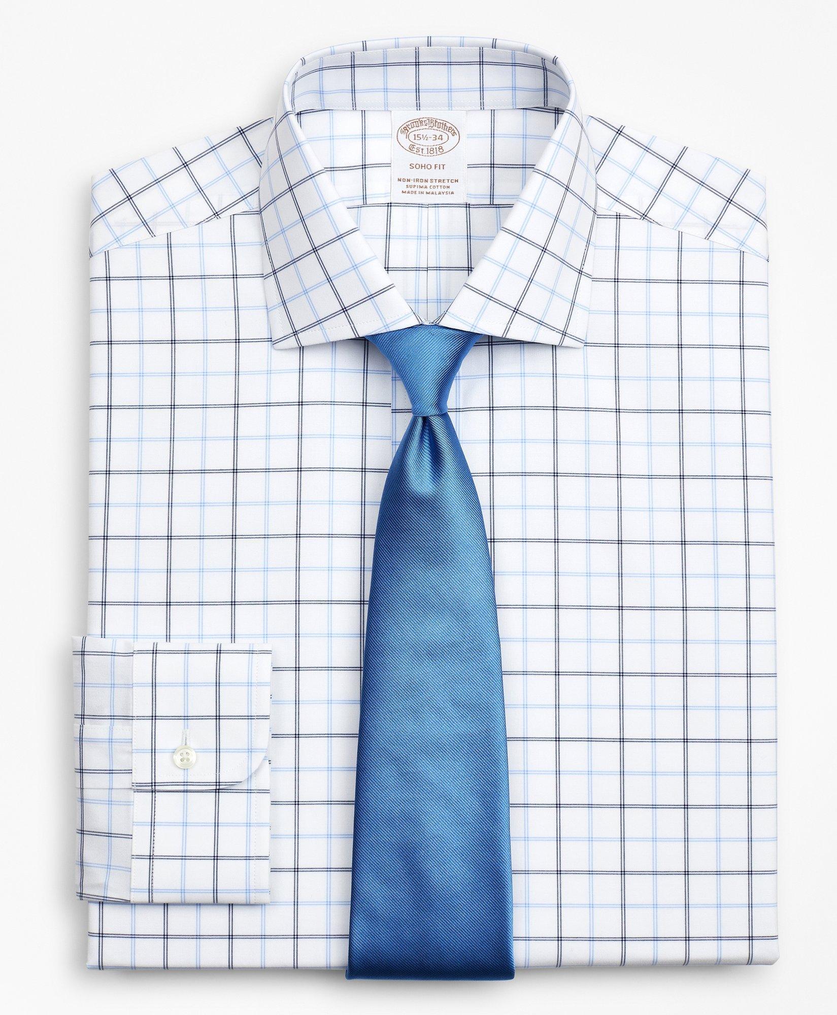 Brooks Brothers Stretch Soho Extra-slim-fit Dress Shirt, Non-iron Poplin English Collar Double-grid Check | Blue | S