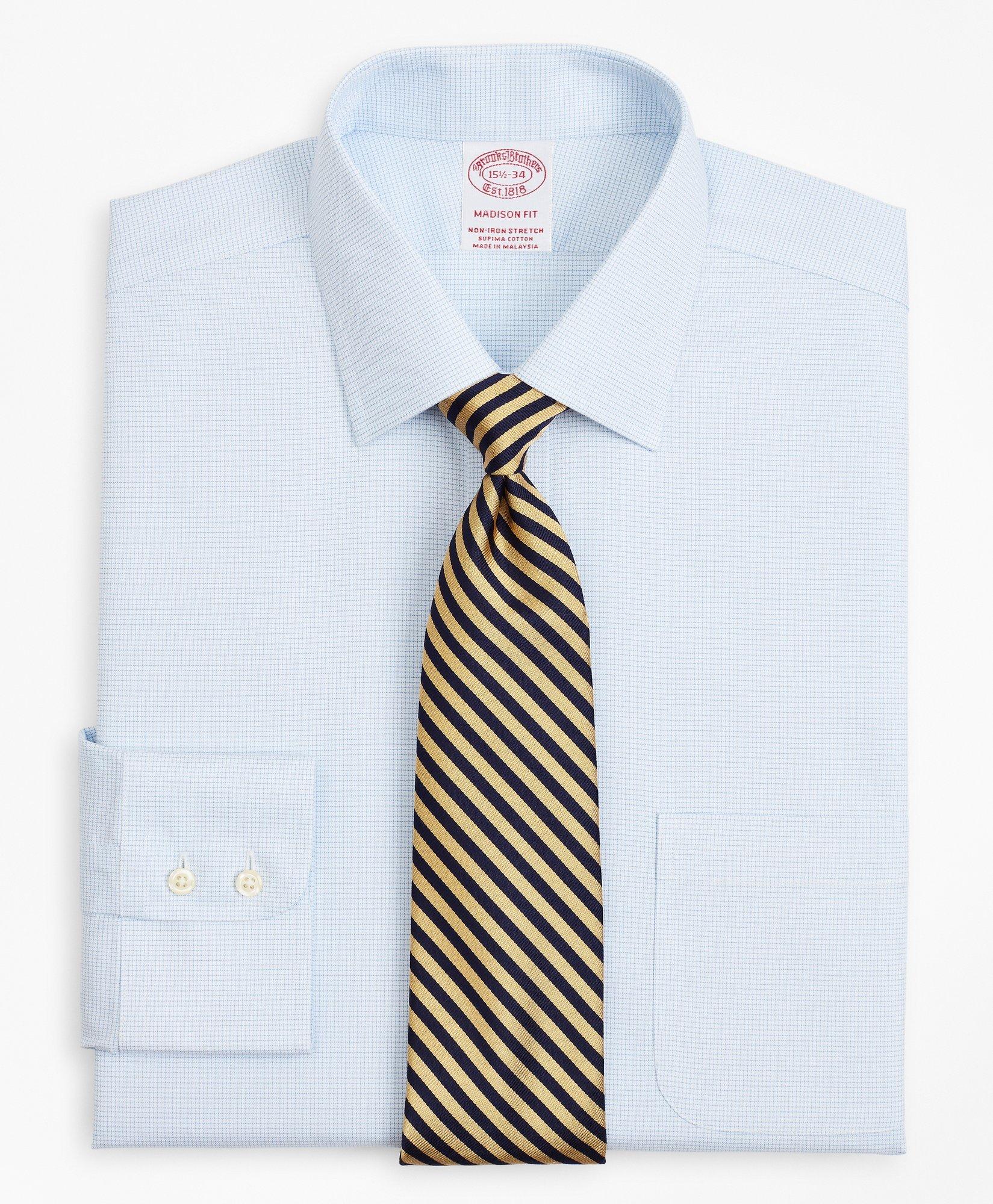 Brooks Brothers Stretch Madison Relaxed-fit Dress Shirt, Non-iron Twill Ainsley Collar Micro-check | Light Blue | Si