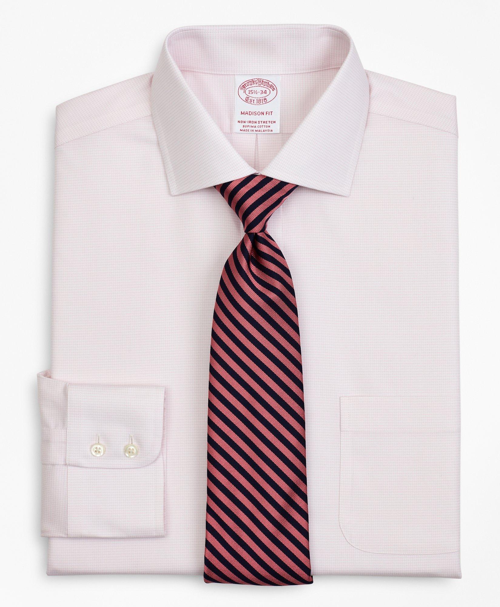 Brooks Brothers Stretch Madison Relaxed-fit Dress Shirt, Non-iron Twill English Collar Micro-check | Pink | Size 15
