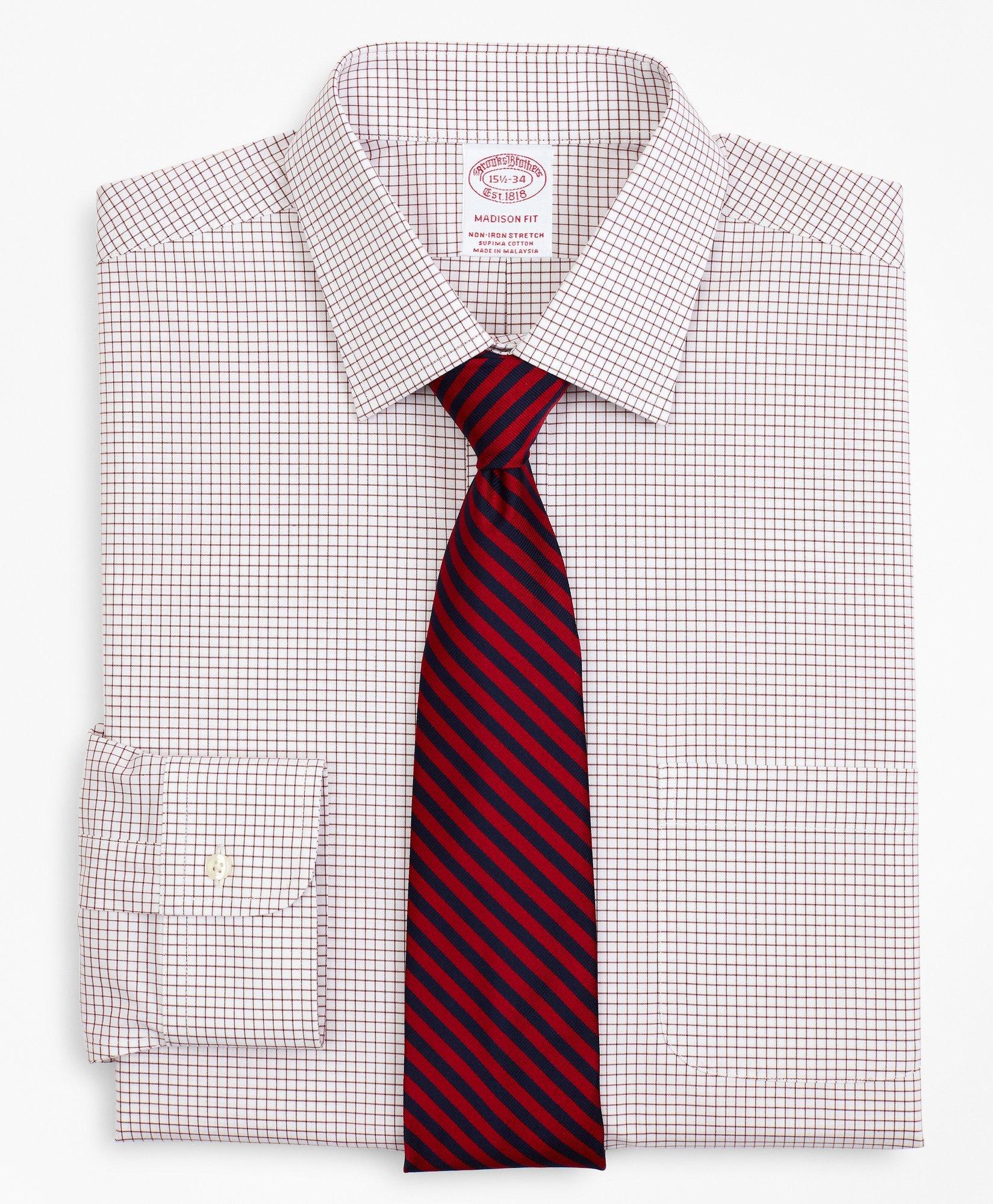 Brooks Brothers Stretch Madison Relaxed-fit Dress Shirt, Non-iron Poplin Ainsley Collar Small Grid Check | Red | Siz