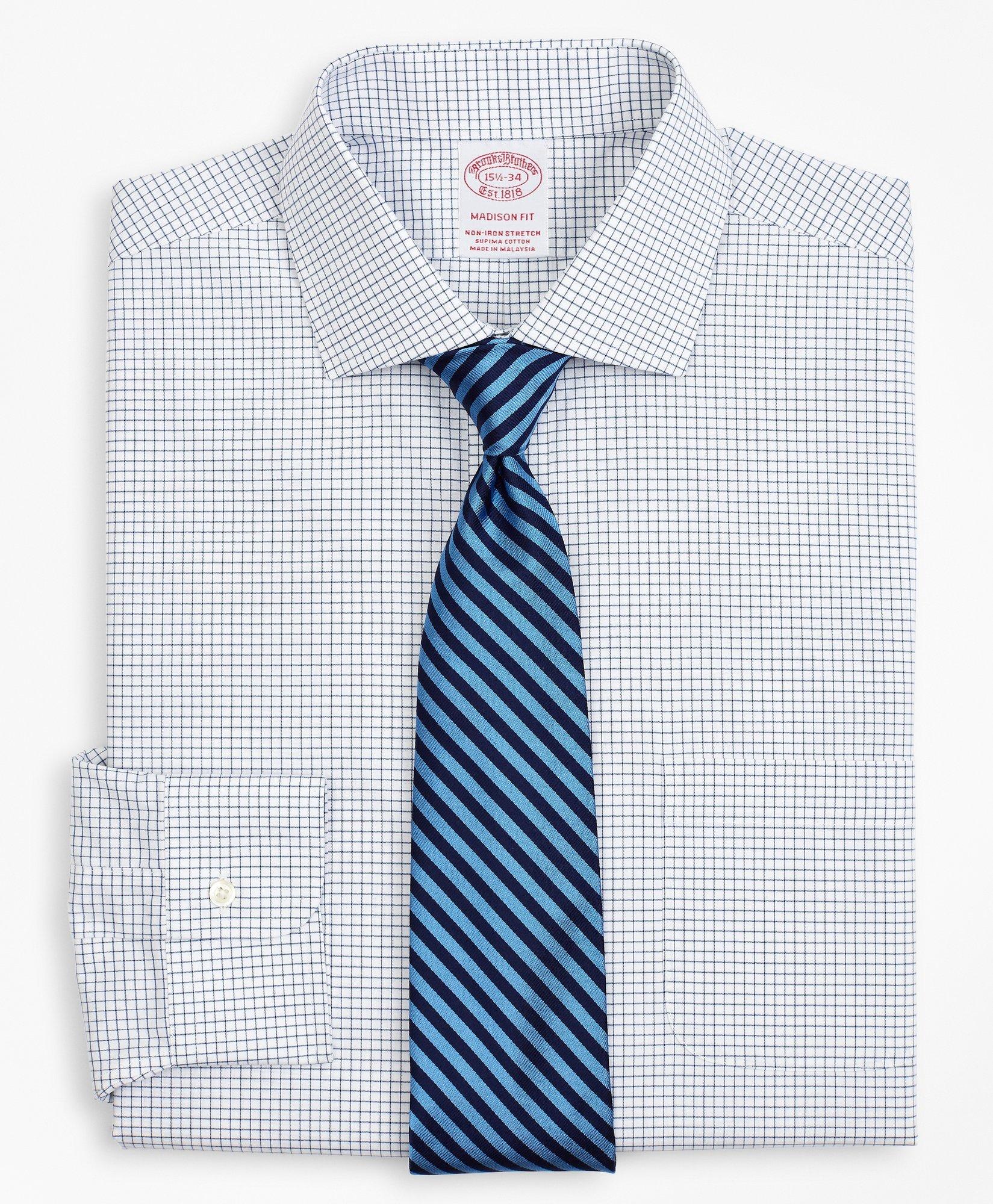 Brooks Brothers Stretch Madison Relaxed-fit Dress Shirt, Non-iron Poplin English Collar Small Grid Check | Navy | Si
