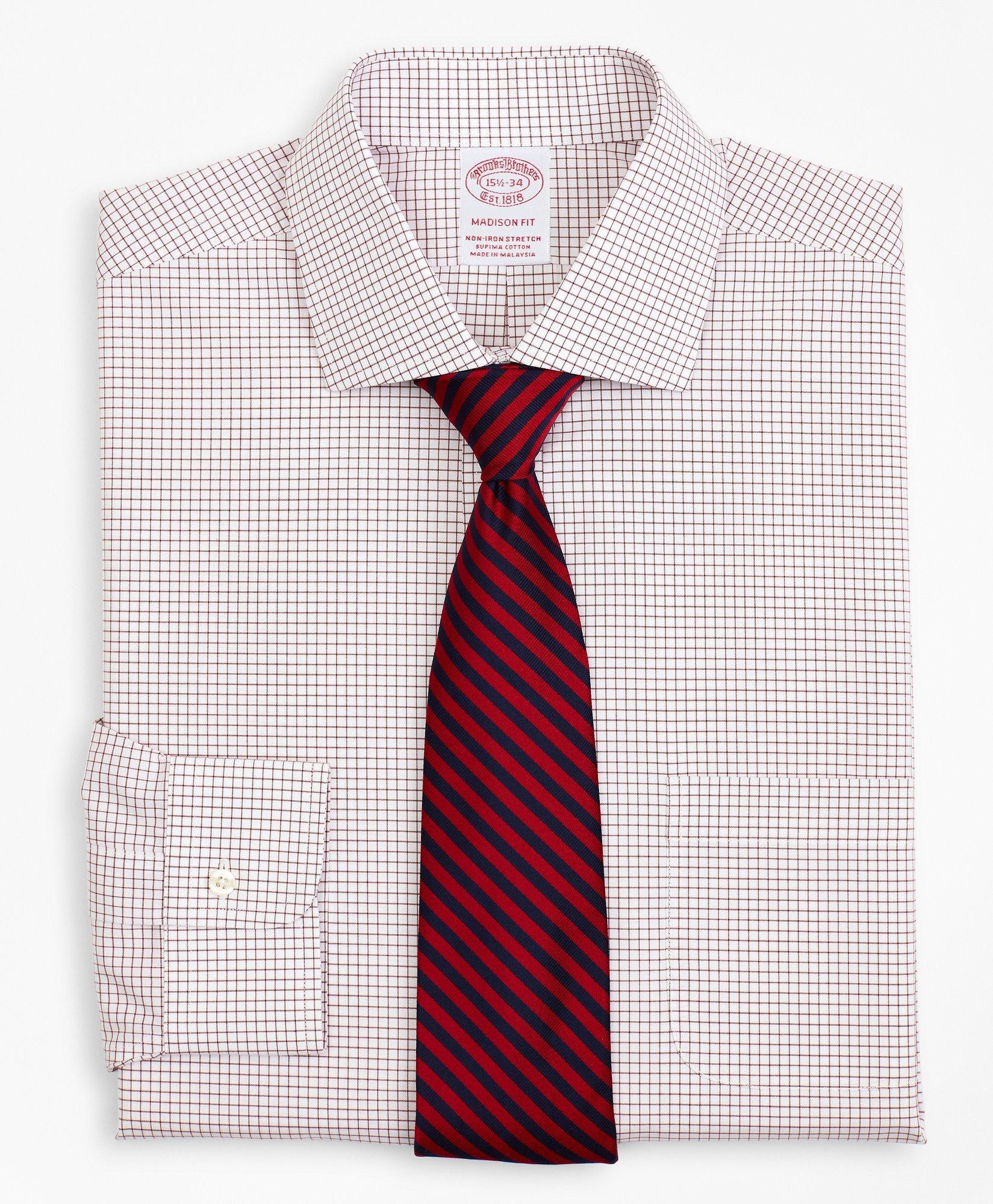 Brooks Brothers Stretch Madison Relaxed-fit Dress Shirt, Non-iron Poplin English Collar Small Grid Check | Red | Siz