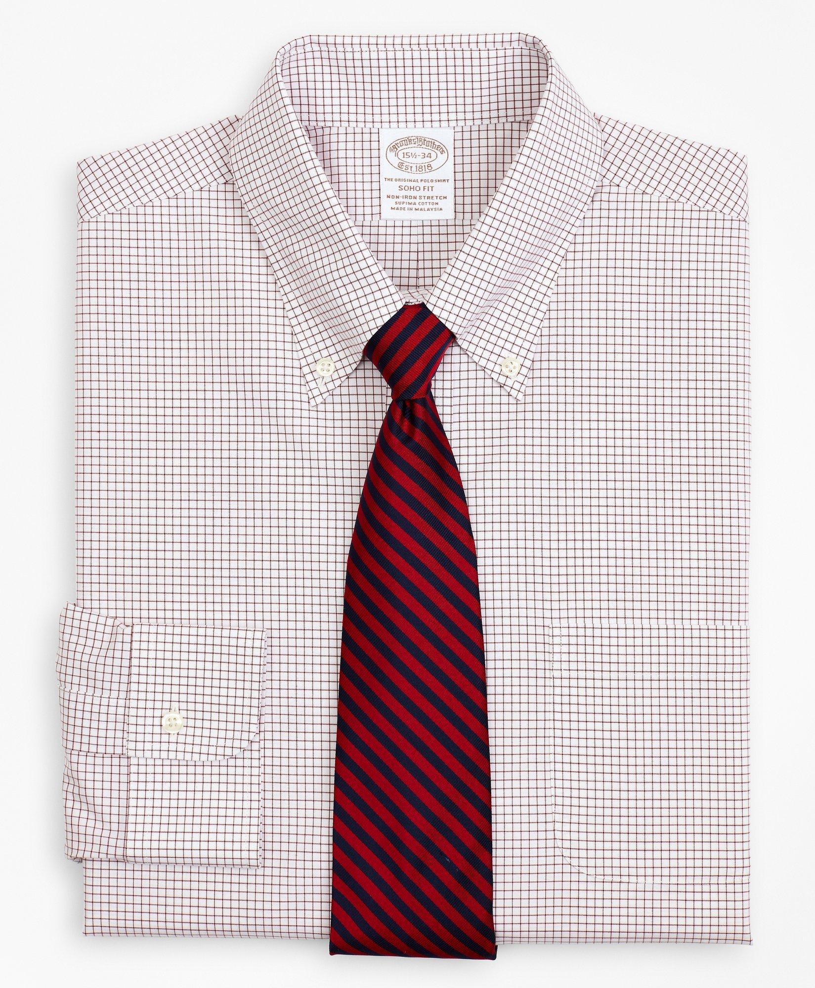 Brooks Brothers Stretch Soho Extra-slim-fit Dress Shirt, Non-iron Poplin Button-down Collar Small Grid Check | Red |