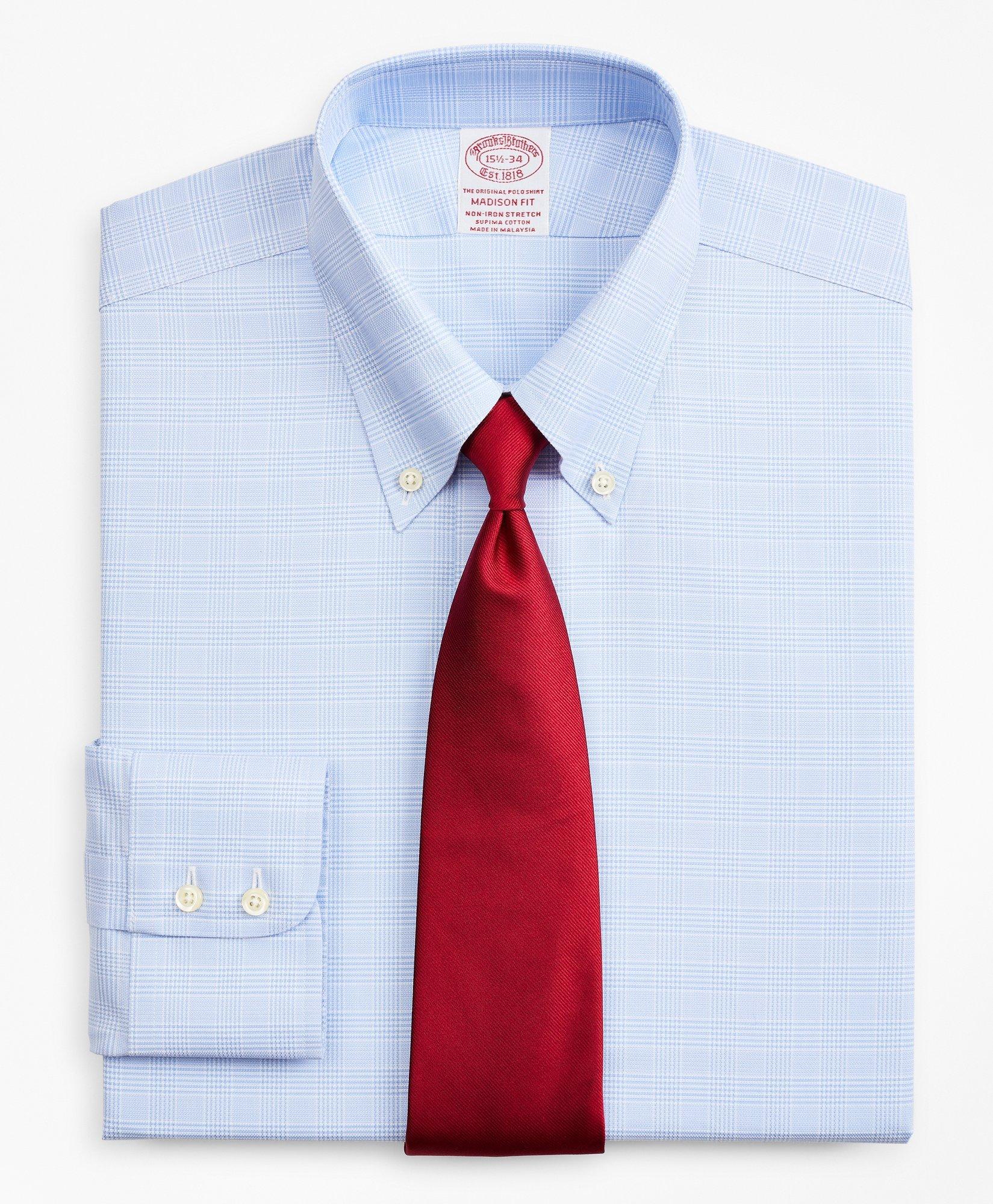 Stretch Madison Relaxed-Fit Dress Shirt, Non-Iron Royal Oxford Button-Down Collar Glen Plaid