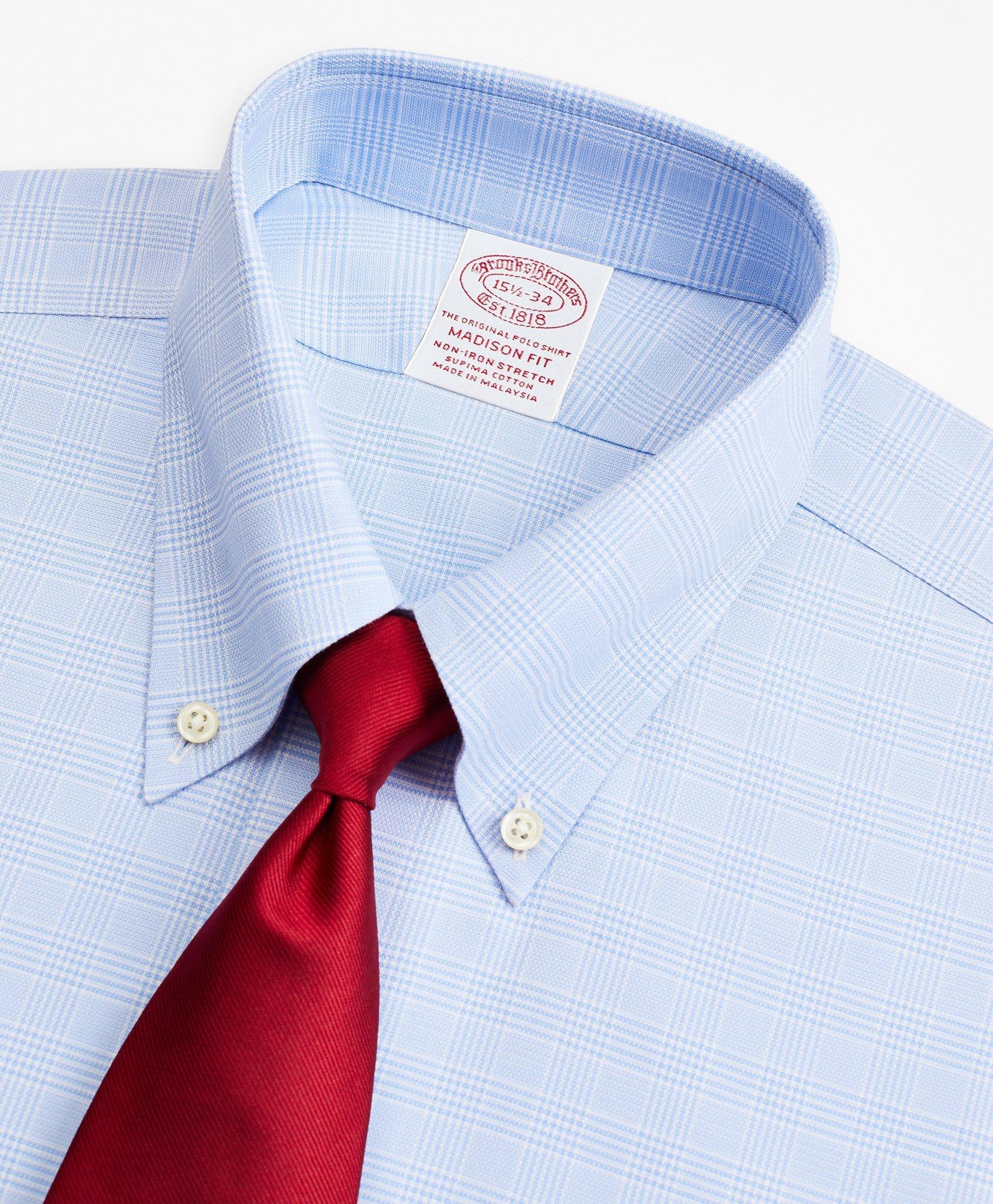 Stretch Madison Relaxed-Fit Dress Shirt, Non-Iron Royal Oxford Button-Down Collar Glen Plaid
