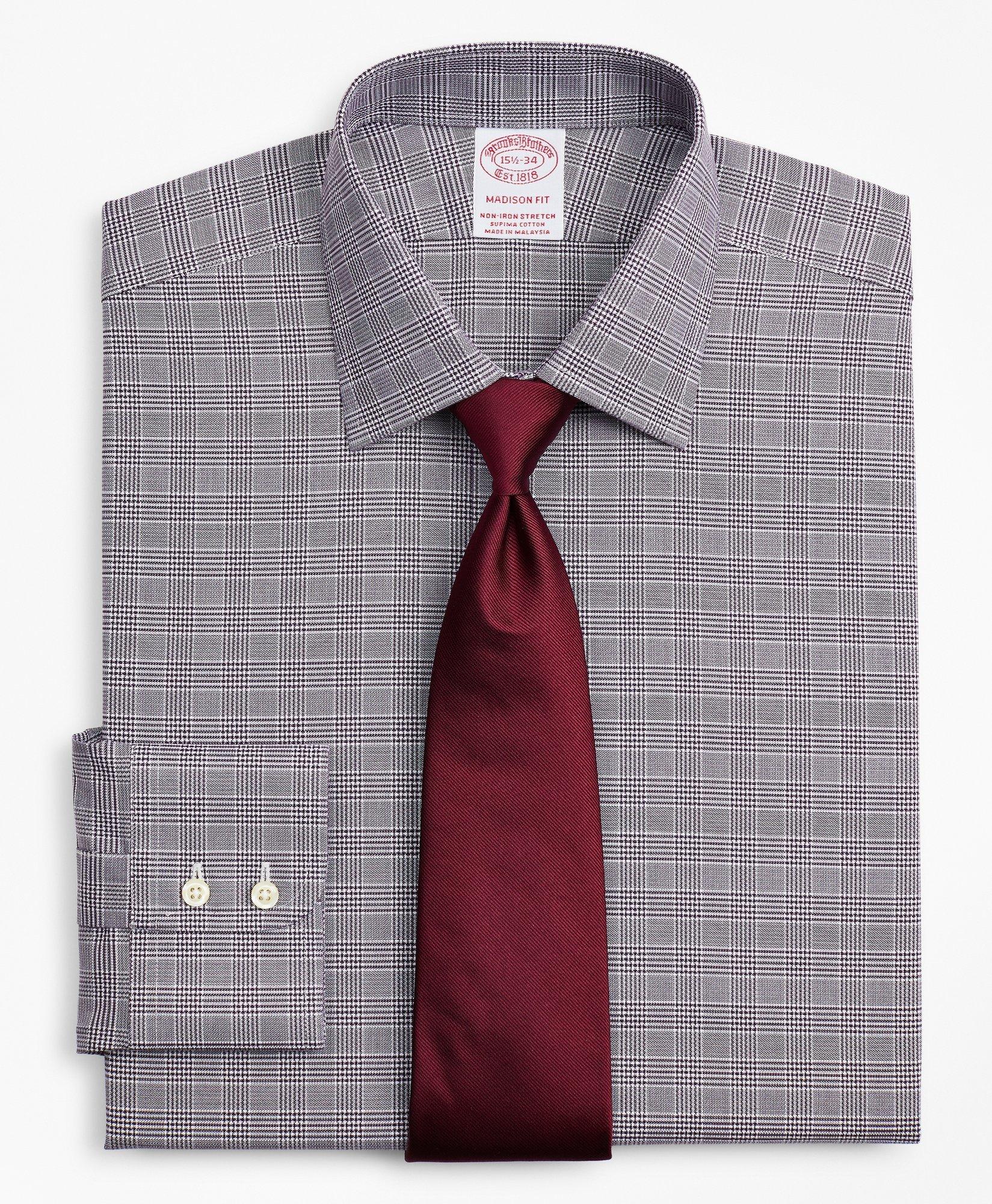 Brooks Brothers Stretch Madison Relaxed-fit Dress Shirt, Non-iron Royal Oxford Ainsley Collar Glen Plaid | Purple |