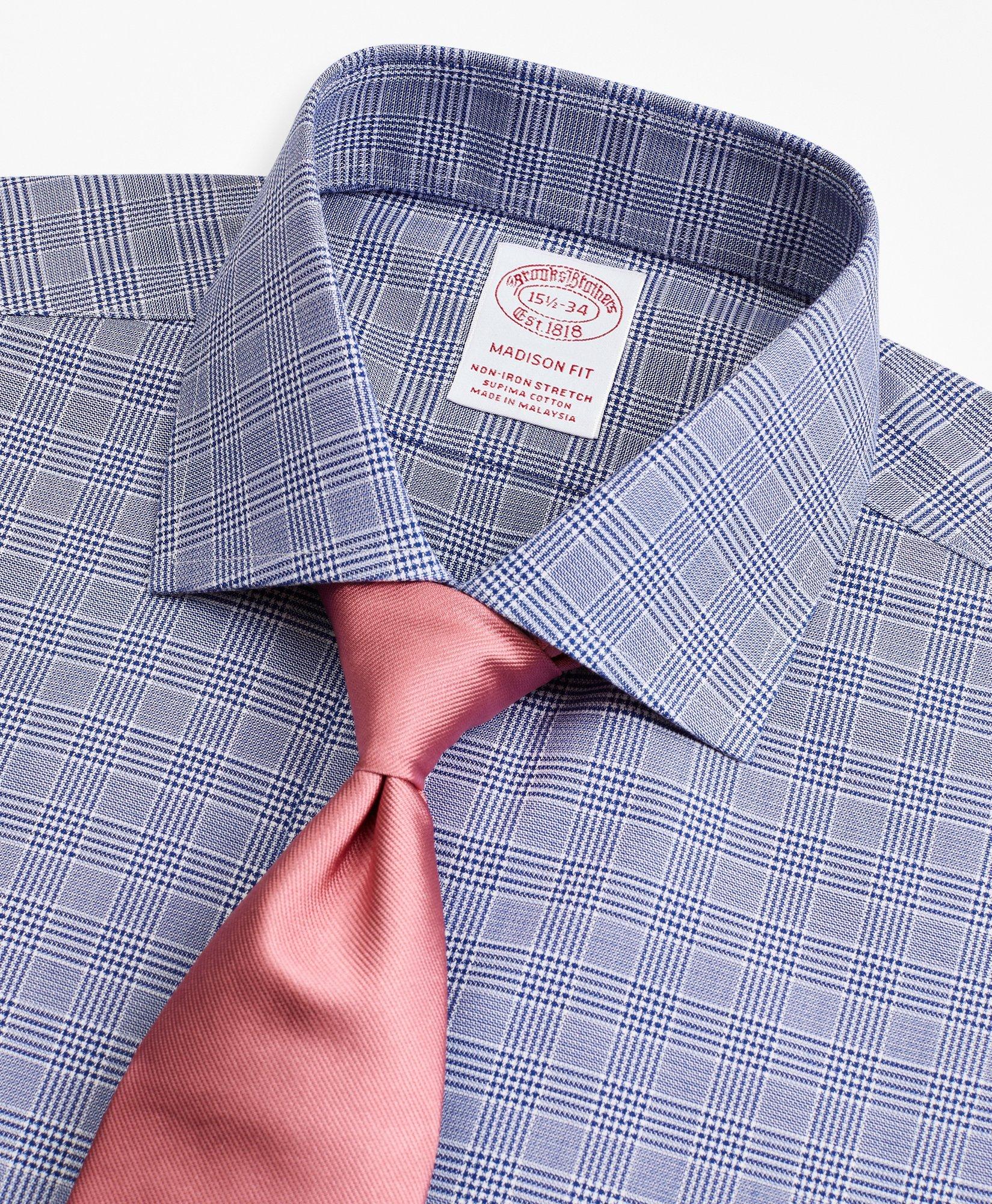 Stretch Madison Relaxed-Fit Dress Shirt, Non-Iron Royal Oxford English Collar Glen Plaid - Navy