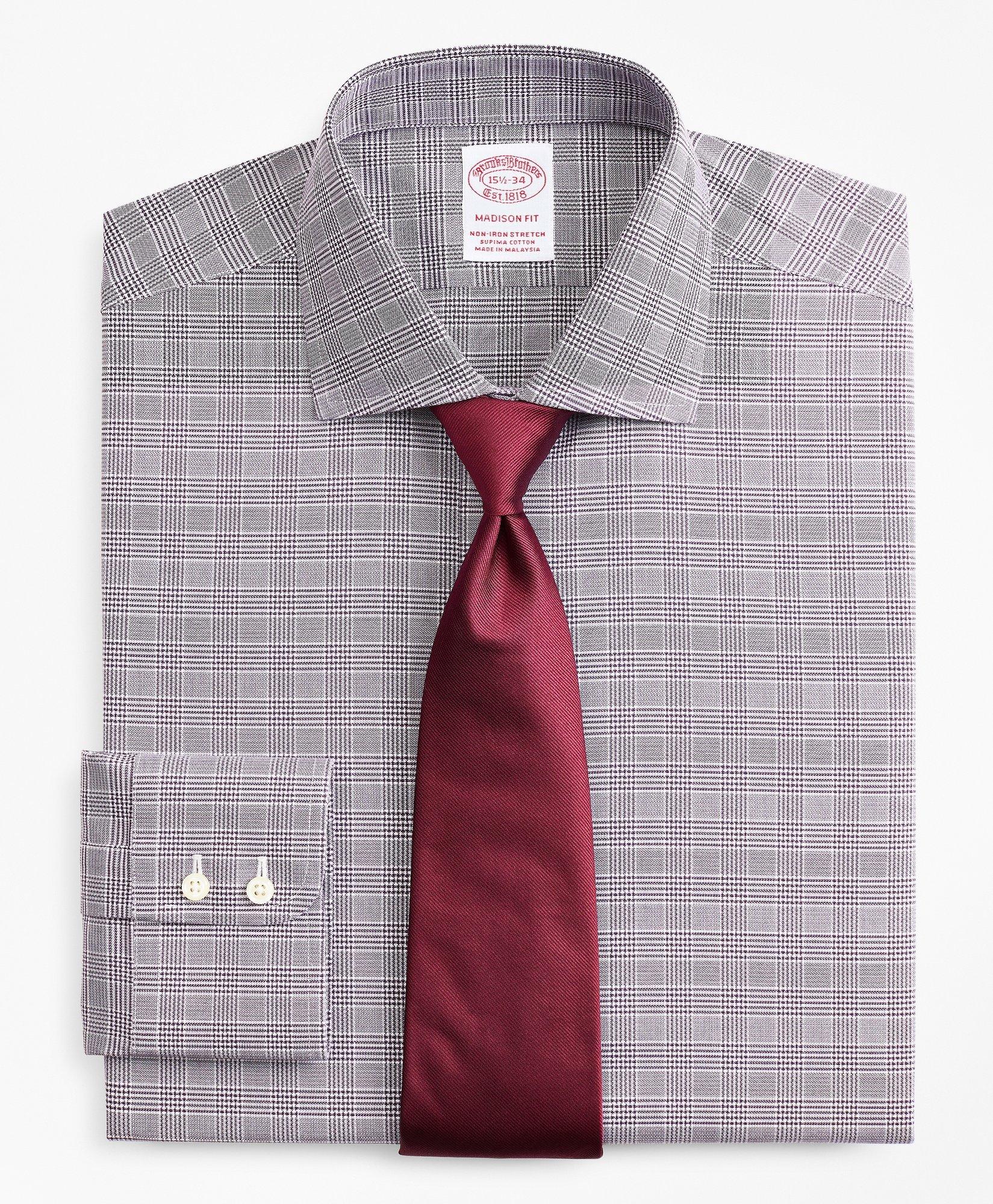 Brooks Brothers Stretch Madison Relaxed-fit Dress Shirt, Non-iron Royal Oxford English Collar Glen Plaid | Purple |