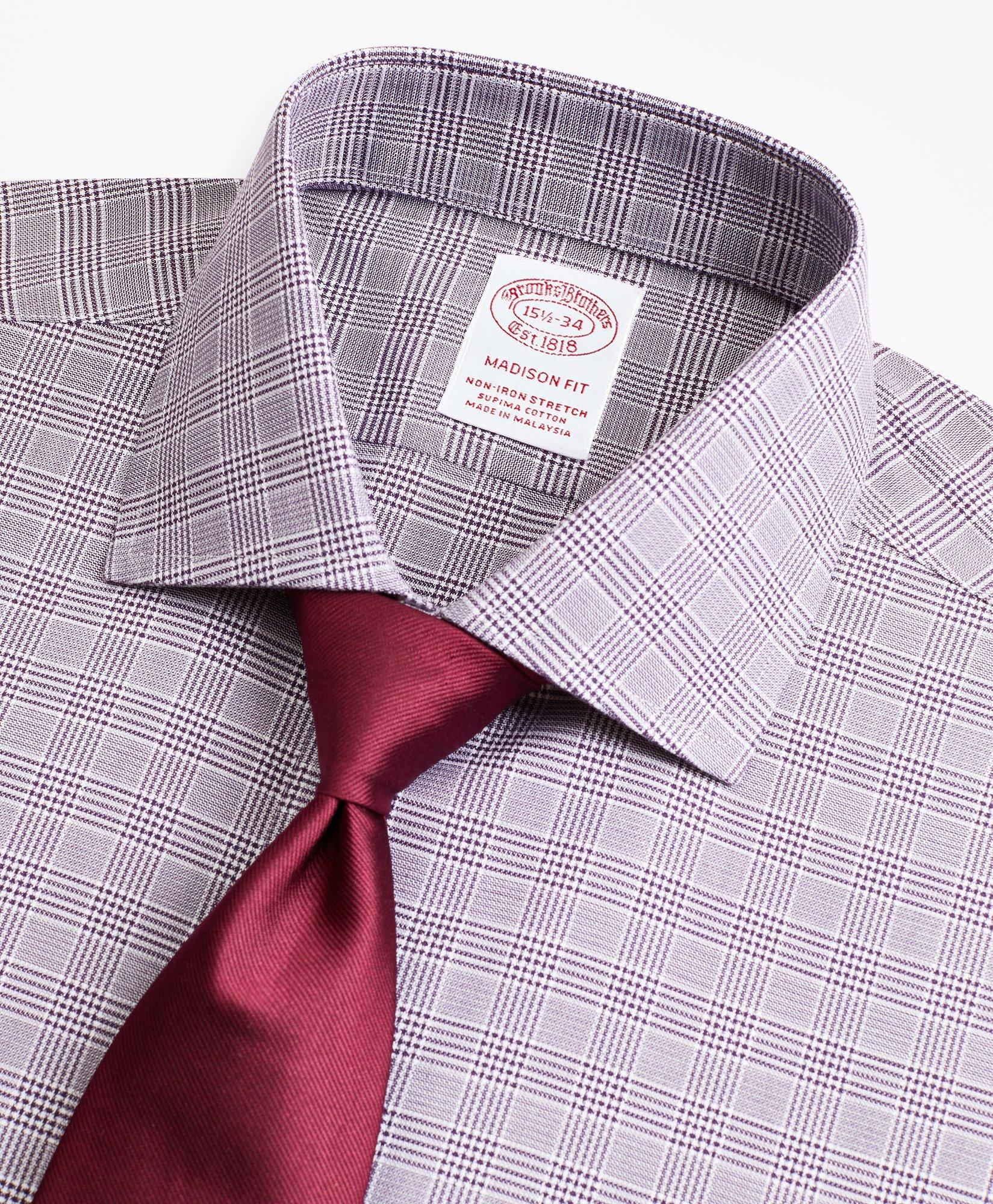 Stretch Madison Relaxed-Fit Dress Shirt, Non-Iron Royal Oxford English Collar Glen Plaid - Purple