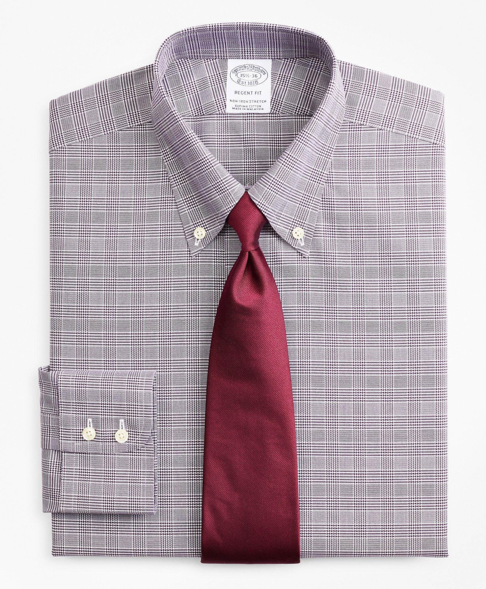 Brooks Brothers Stretch Regent Regular-fit Dress Shirt, Non-iron Royal Oxford Button-down Collar Glen Plaid | Purple