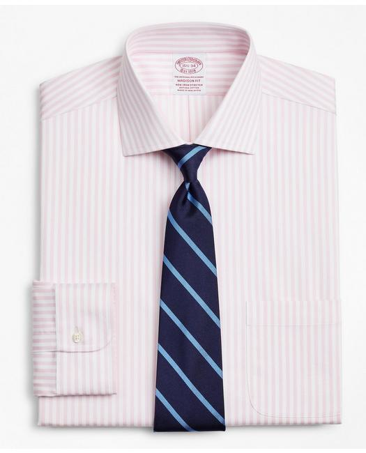 Brooks Brothers Stretch Madison Relaxed-fit Dress Shirt, Non-iron Twill English Collar Bold Stripe | Pink | Size 15½