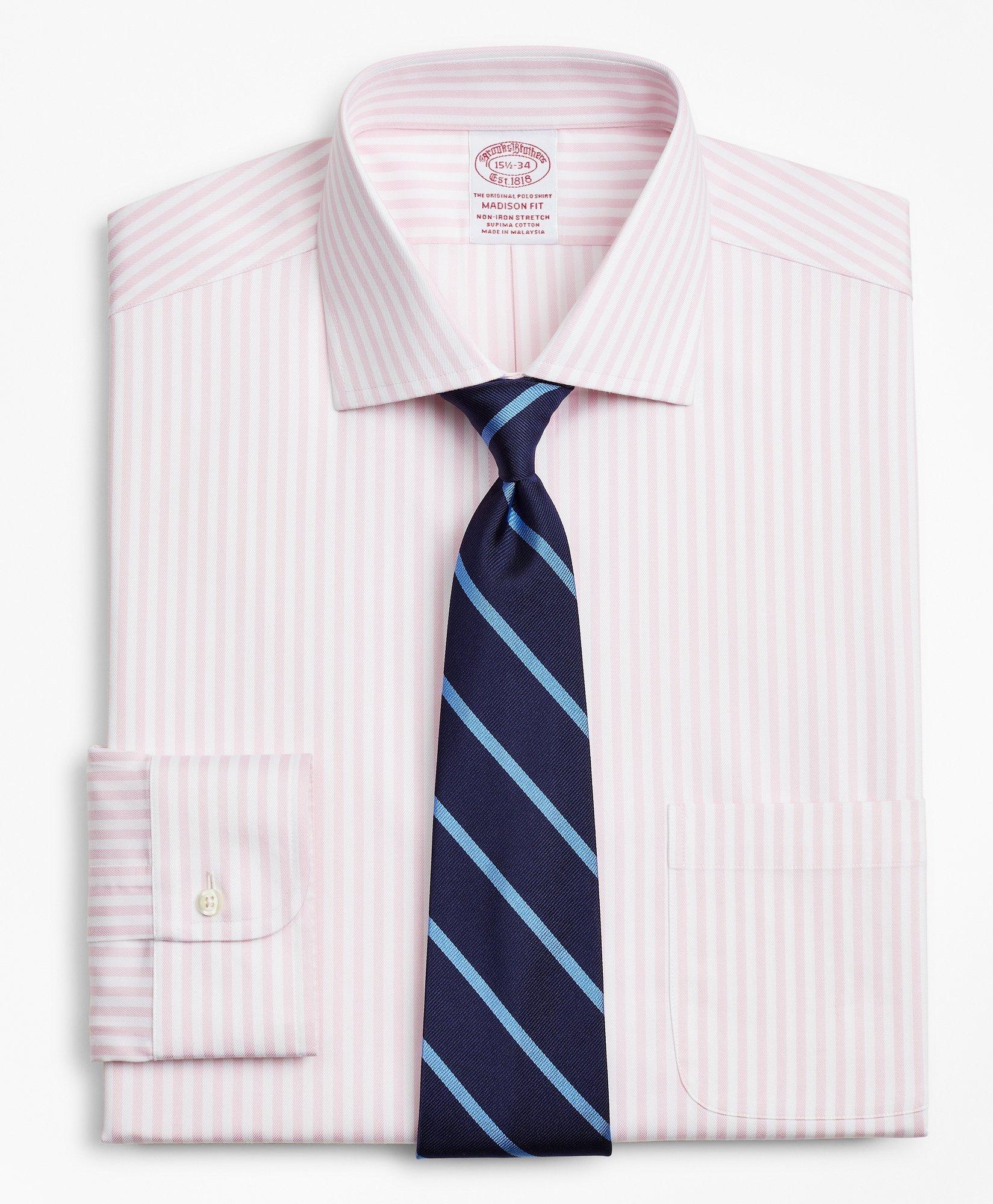 Brooks Brothers Stretch Madison Relaxed-fit Dress Shirt, Non-iron Twill English Collar Bold Stripe | Pink | Size 15