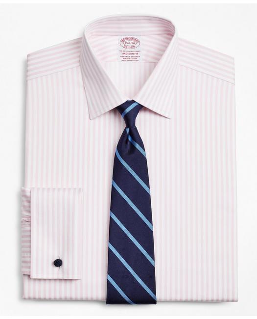 Brooks Brothers Stretch Madison Relaxed-fit Dress Shirt, Non-iron Twill Ainsley Collar French Cuff Bold Stripe | Pin In Pink