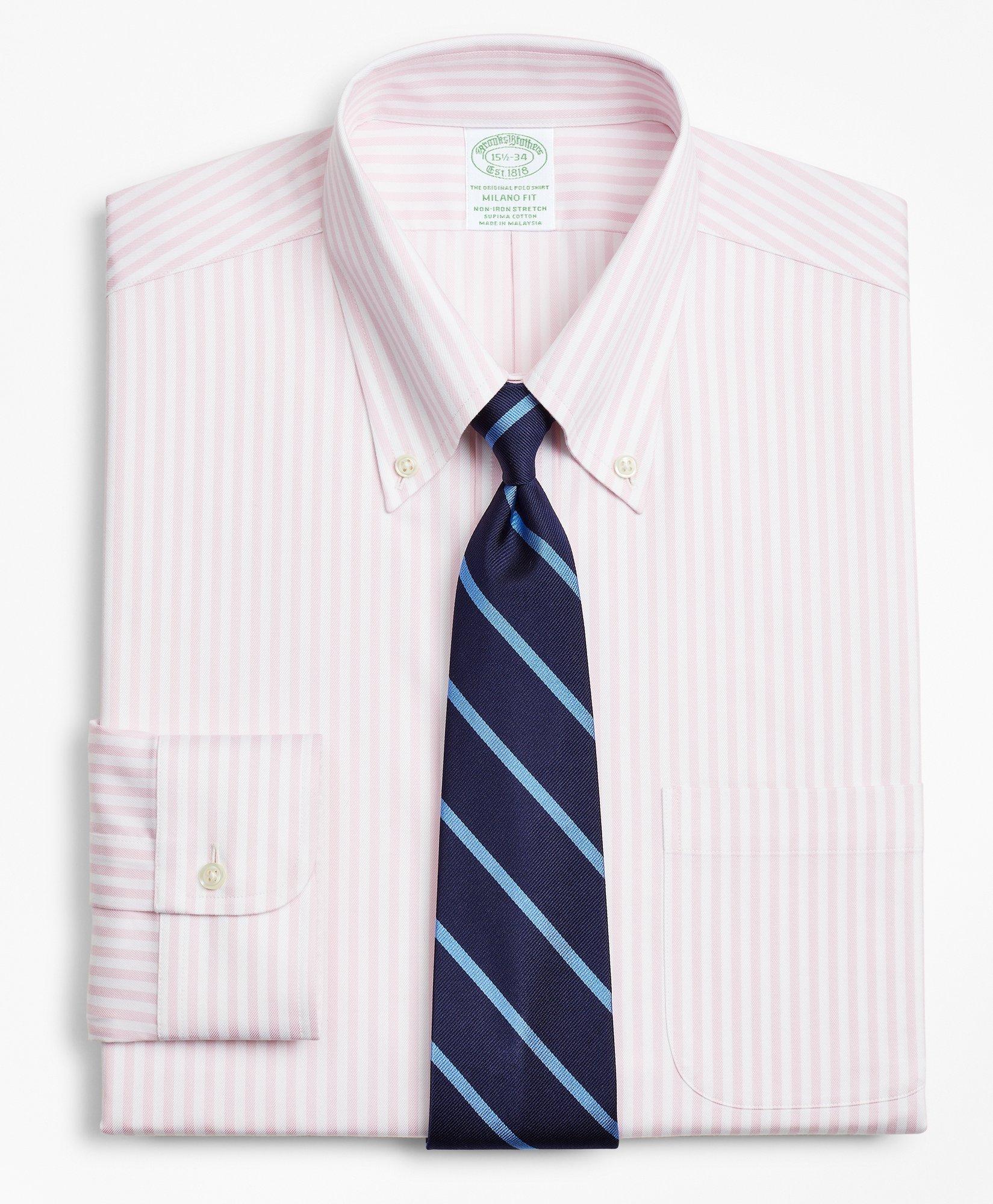 Brooks Brothers Stretch Milano Slim-fit Dress Shirt, Non-iron Twill Button-down Collar Bold Stripe | Pink | Size 14½