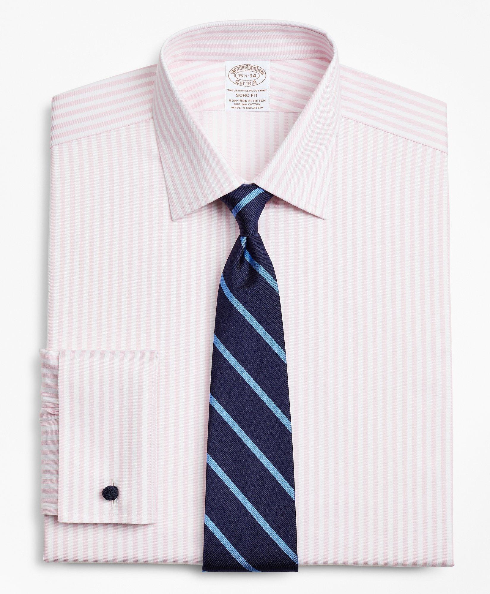 Brooks Brothers Stretch Soho Extra-slim-fit Dress Shirt, Non-iron Twill Ainsley Collar French Cuff Bold Stripe | Pin In Pink