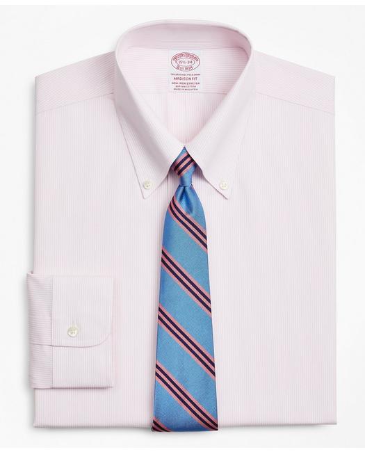 Brooks Brothers Stretch Madison Relaxed-fit Dress Shirt, Non-iron Poplin Button-down Collar Fine Stripe | Pink | Siz