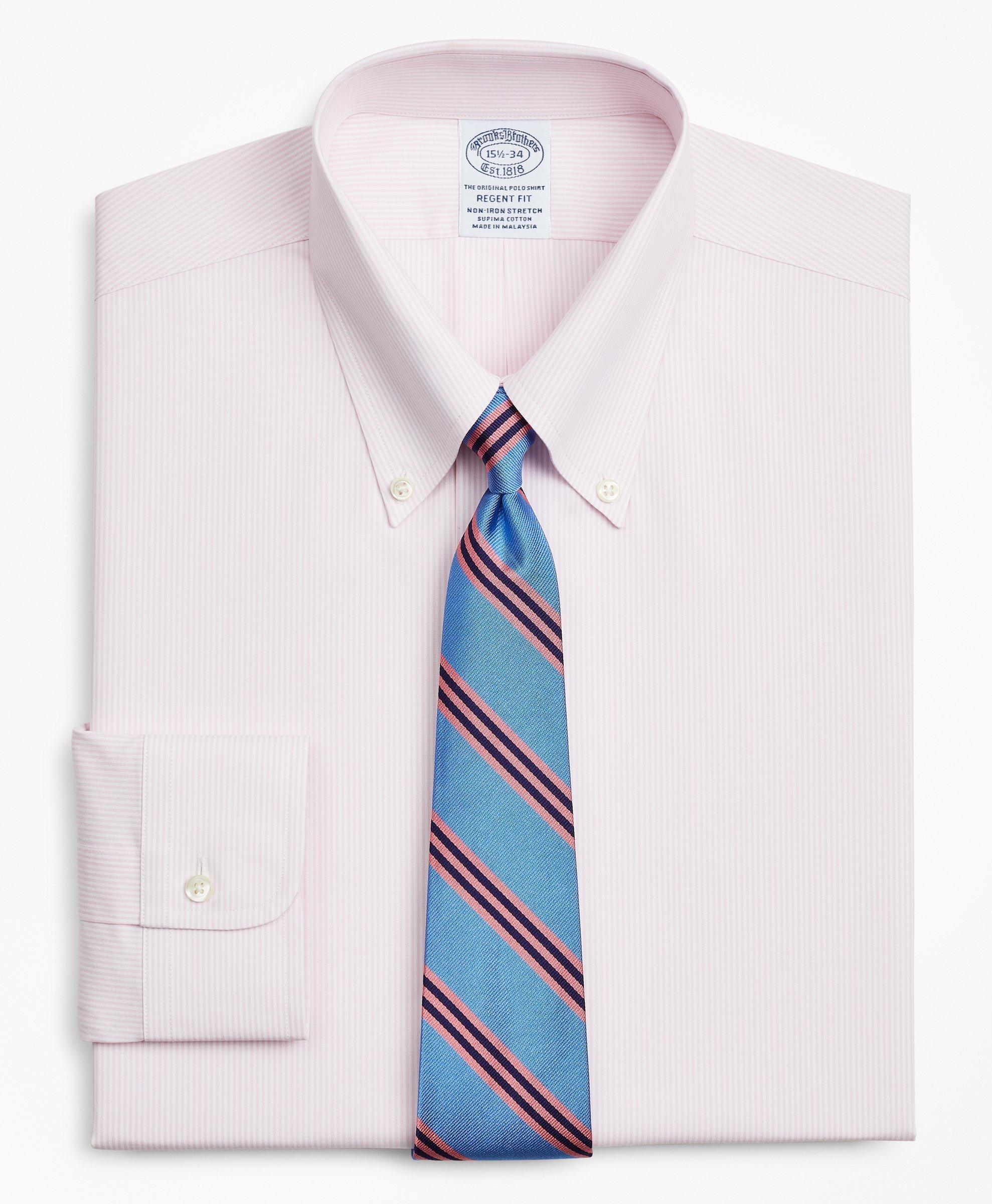 Brooks Brothers Stretch Regent Regular-fit Dress Shirt, Non-iron Poplin Button-down Collar Fine Stripe | Pink | Size