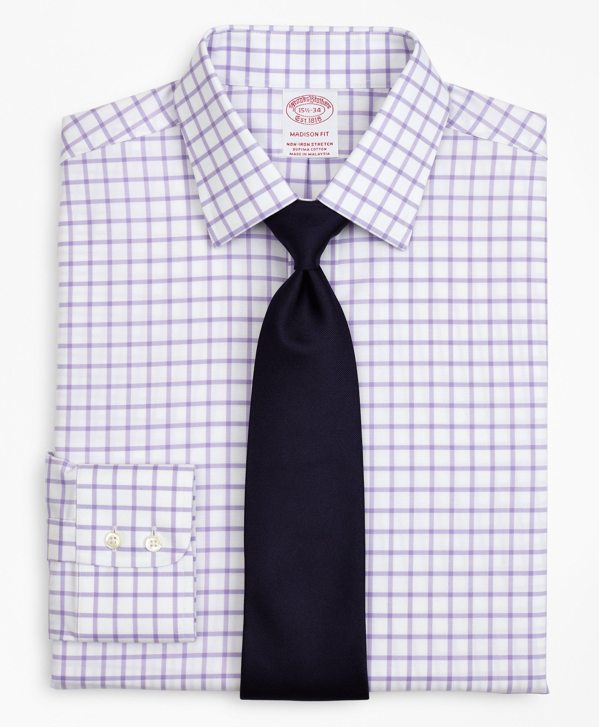 Brooks Brothers Stretch Madison Relaxed-fit Dress Shirt, Non-iron Twill Ainsley Collar Grid Check | Lavender | Size