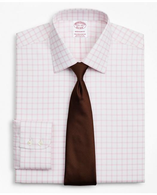 Brooks Brothers Stretch Madison Relaxed-fit Dress Shirt, Non-iron Twill Ainsley Collar Grid Check | Pink | Size 15½