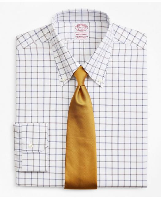 Brooks Brothers Stretch Madison Relaxed-fit Dress Shirt, Non-iron Poplin Button-down Collar Double-grid Check | Brow In Brown