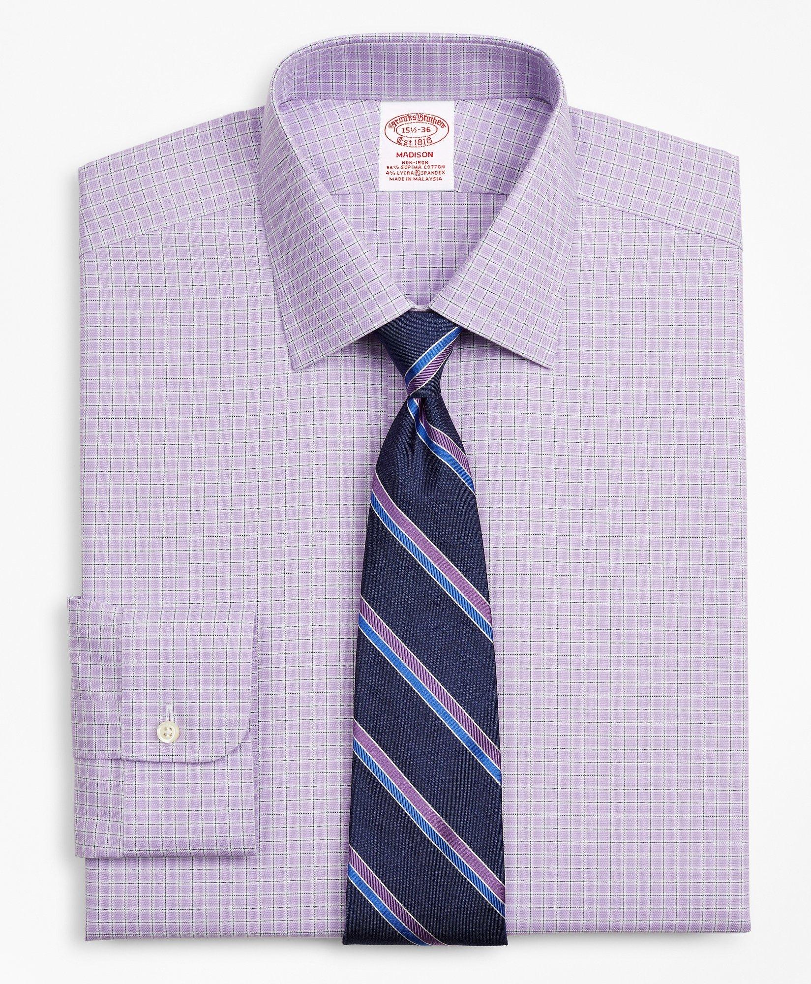 Brooks Brothers Stretch Madison Relaxed-fit Dress Shirt, Non-iron Royal Oxford Ainsley Collar Check | Purple | Size
